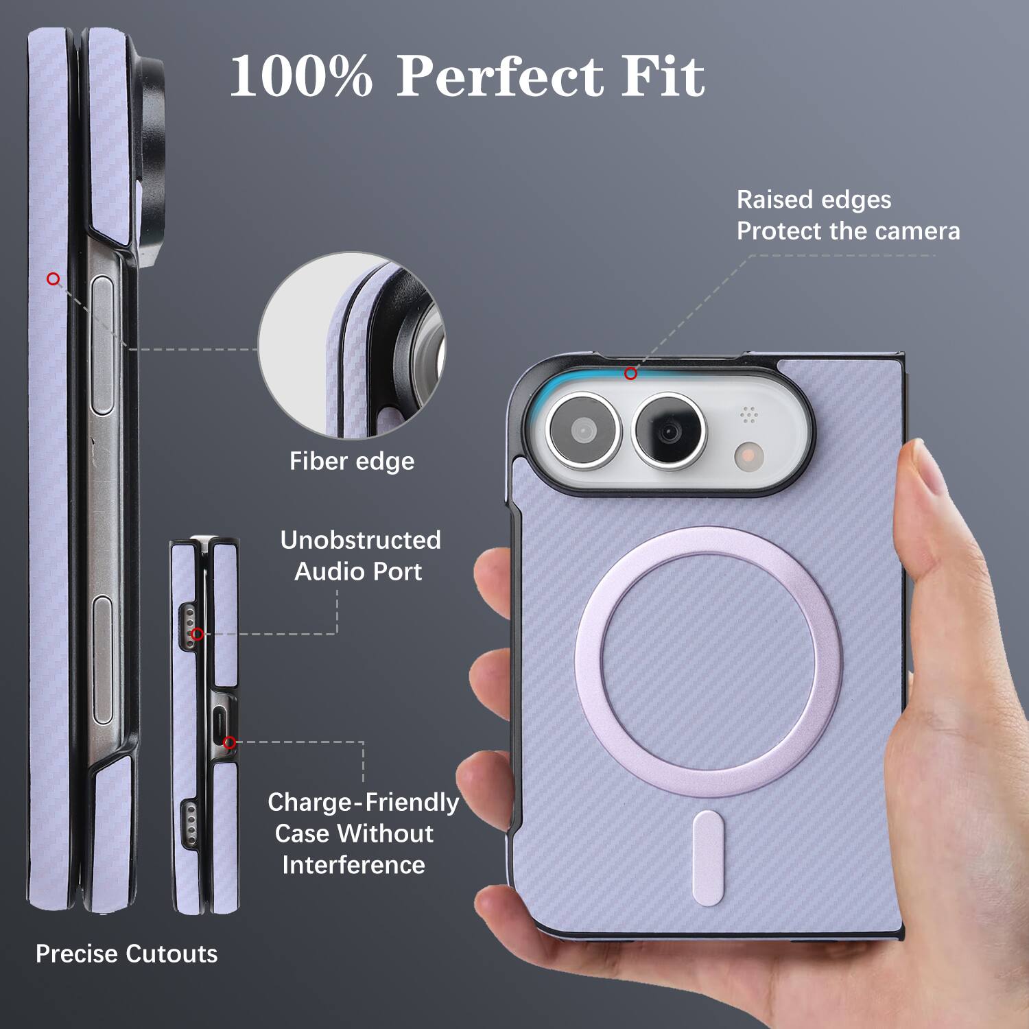 100% Perfect Fit

Raised edges Protect the camera

Fiber edge

Unobstructed Audio Port

Charge-Friendly Case Without Interference

Precise Cutouts