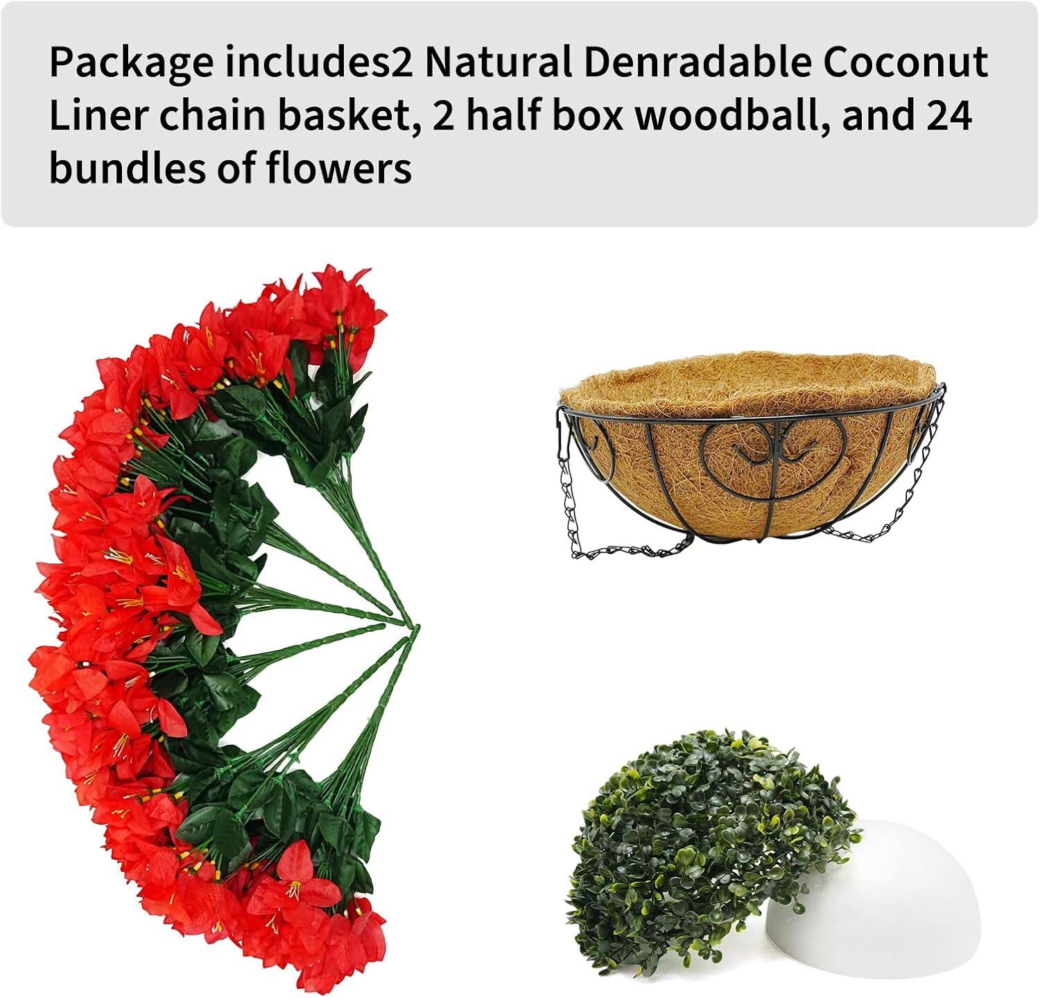 Package includes 2 Natural Denrable Coconut Liner chain basket, 2 half box woodball, and 24 bundles of flowers