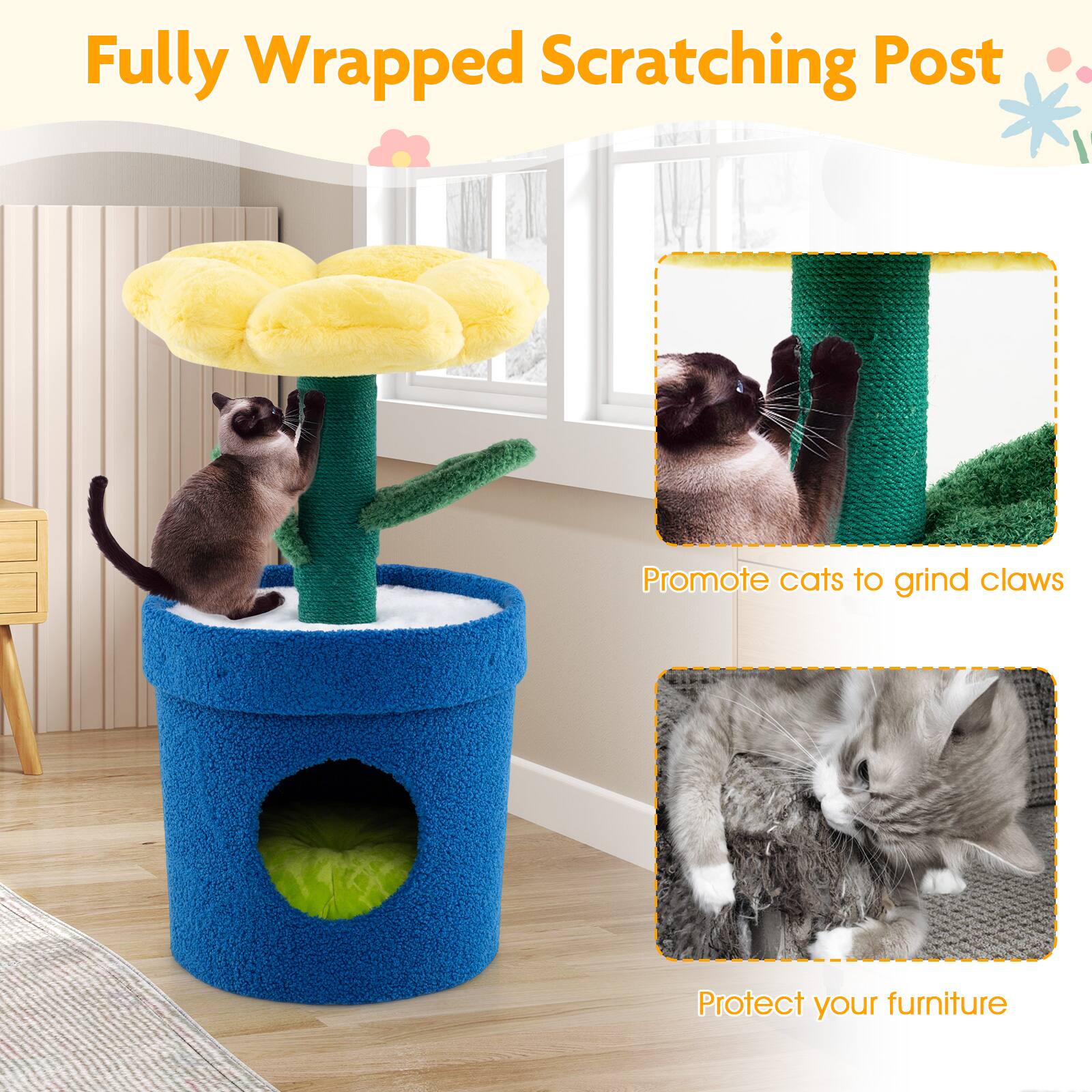 Fully Wrapped Scratching Post  
Promote cats to grind claws  
Protect your furniture