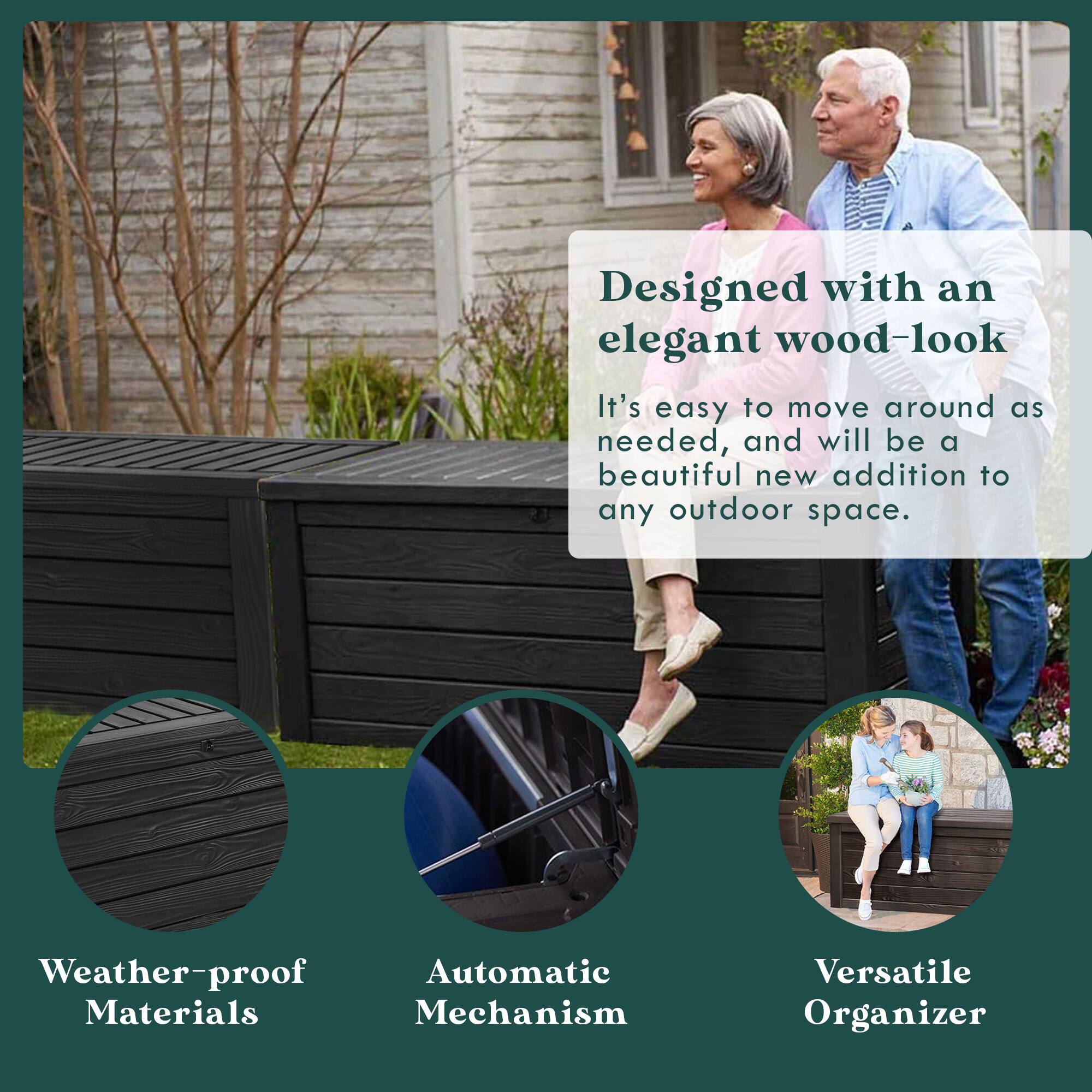 Designed with an elegant wood-look  
It's easy to move around as needed, and will be a beautiful new addition to any outdoor space.  

Weather-proof Materials  
Automatic Mechanism  
Versatile Organizer