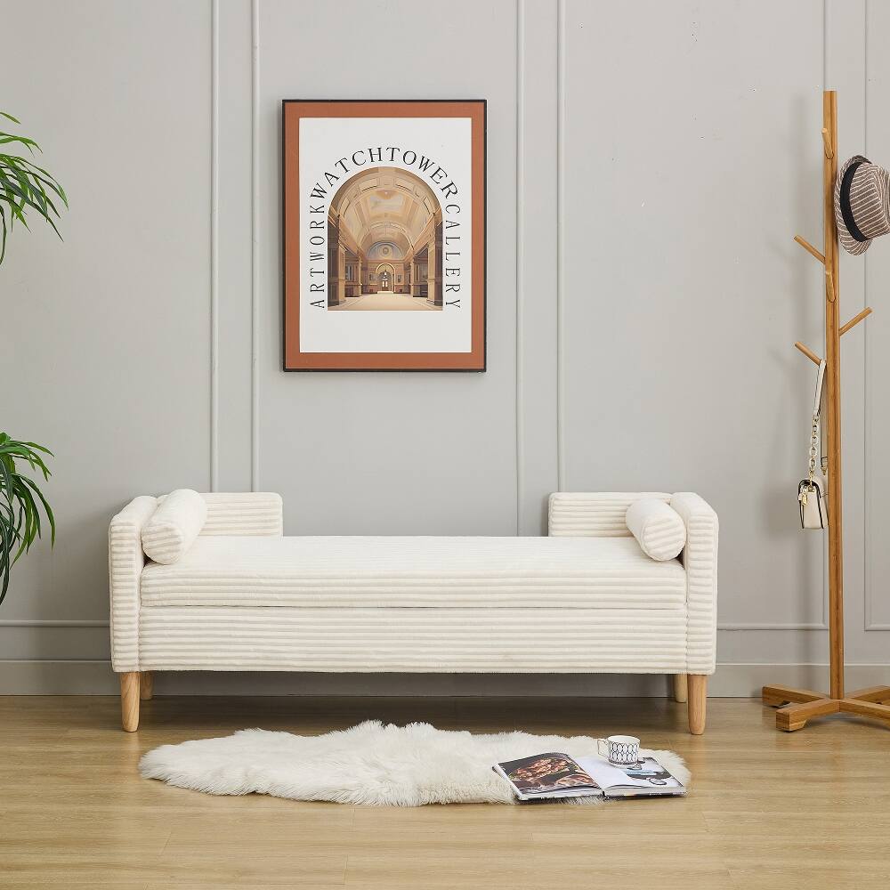 Left. Ropilly - Ropilly 64.7 Inch Ivory Corduroy Flip Top Storage Bench with Backrest and Armrests - Ivory.