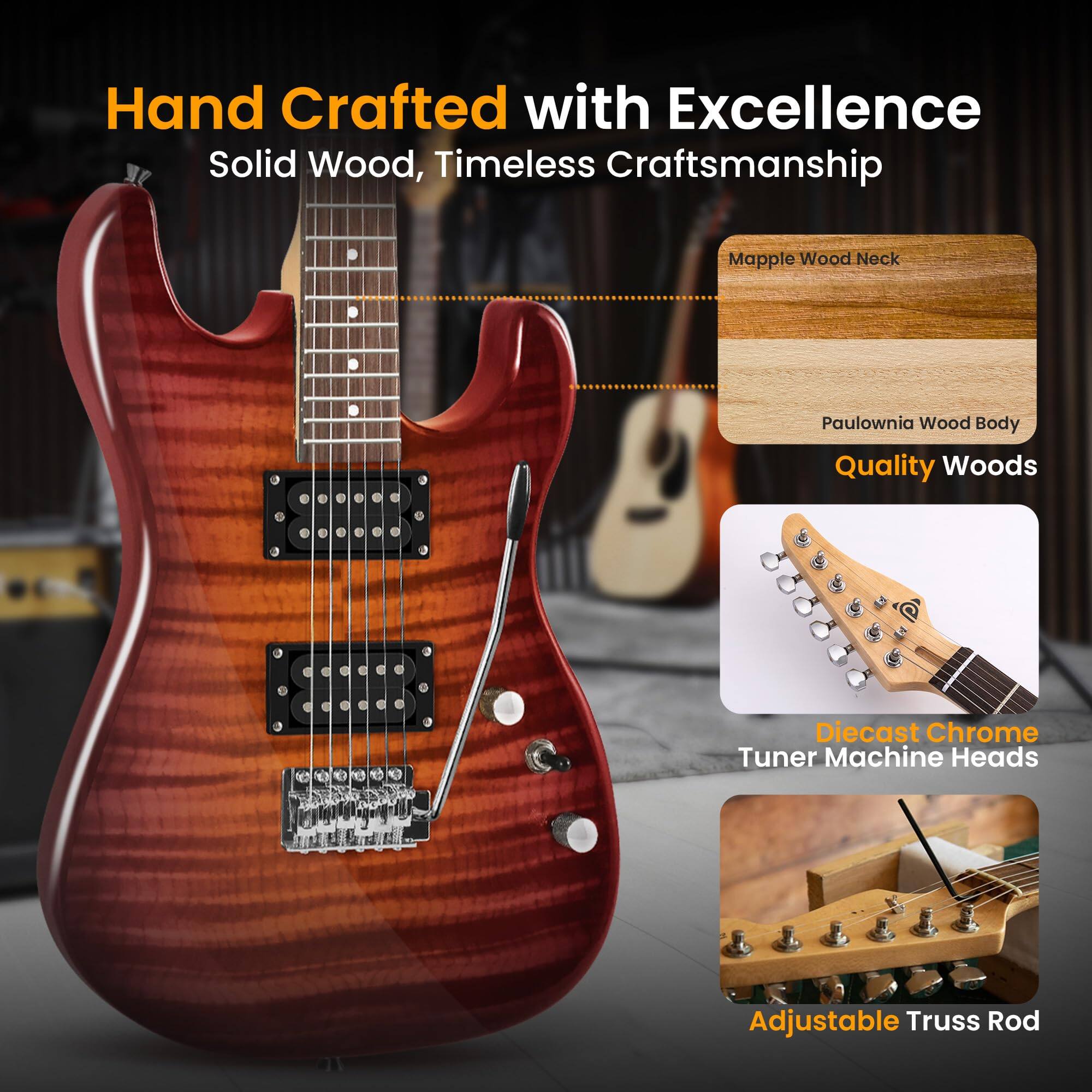 Hand Crafted with Excellence  
Solid Wood, Timeless Craftsmanship  

Maple Wood Neck  
Paulownia Wood Body  
Quality Woods  

Diecast Chrome Tuner Machine Heads  
Adjustable Truss Rod