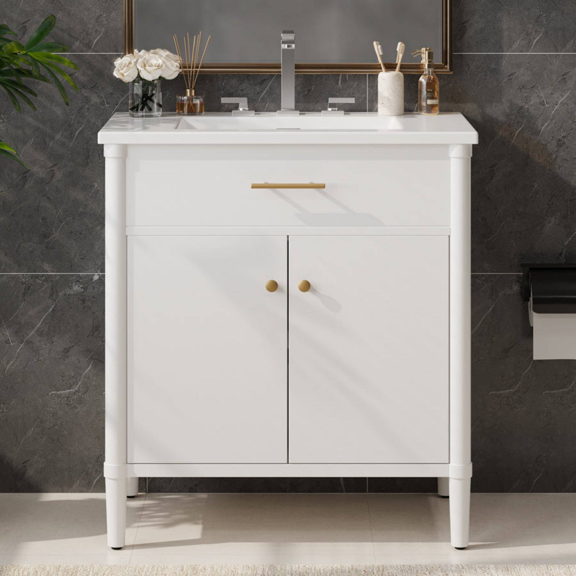 Alt View 7. Boyel Living - 31 Inch Bathroom Vanity with Sink Soft Close Doors Adjustable Shelf Curved Design Rubber Wood Legs White - White.