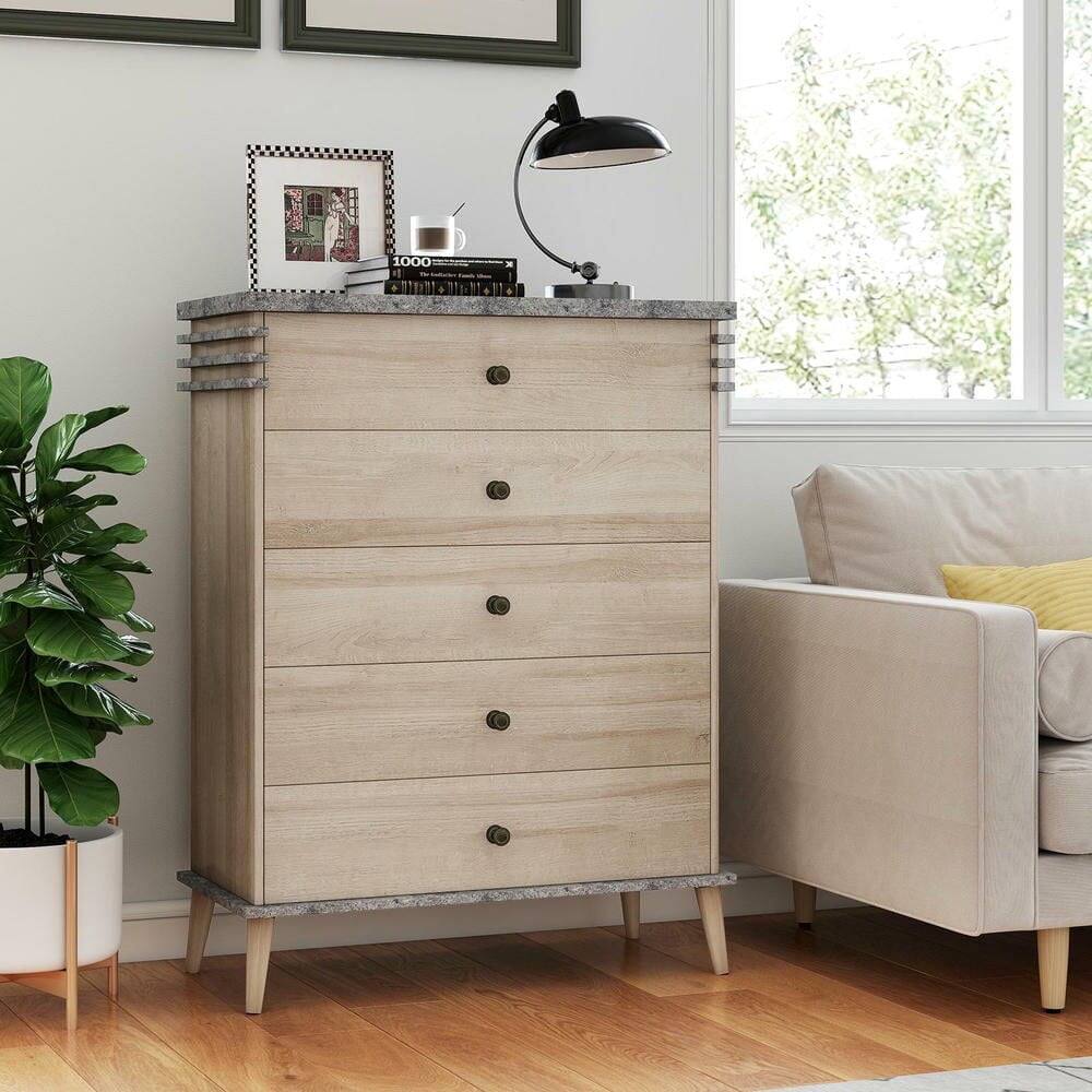 Back. Kadyn - Farmhouse Tall Dresser Chest - Spacious Drawer Storage Organizer, Sturdy Build with Timeless Appeal - Gray.