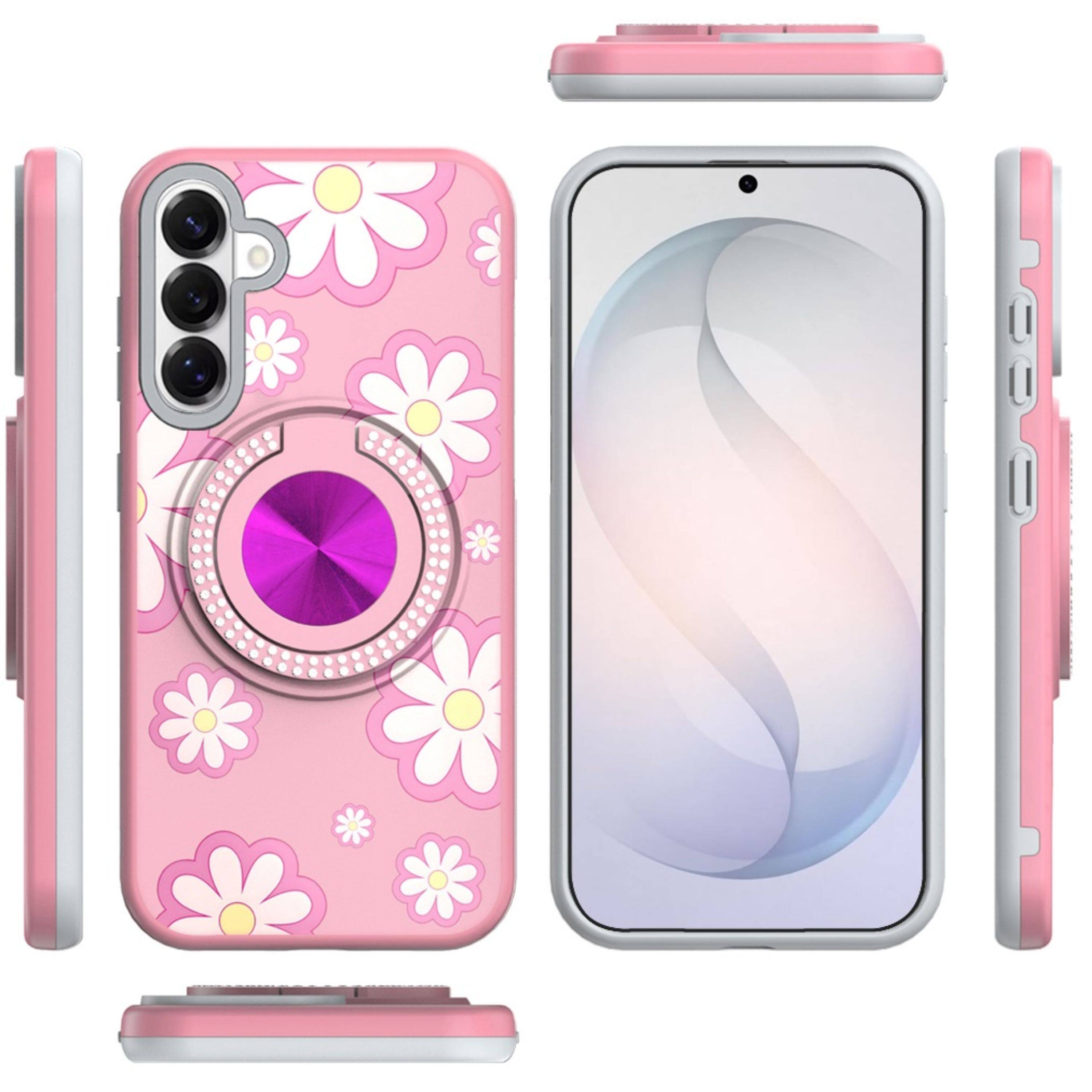Left. Kitcheniva - Printed Design With 360 Bling Stand Cover Plus Tempered Glass For Samsung S26 FE Floral D - Multicolor.