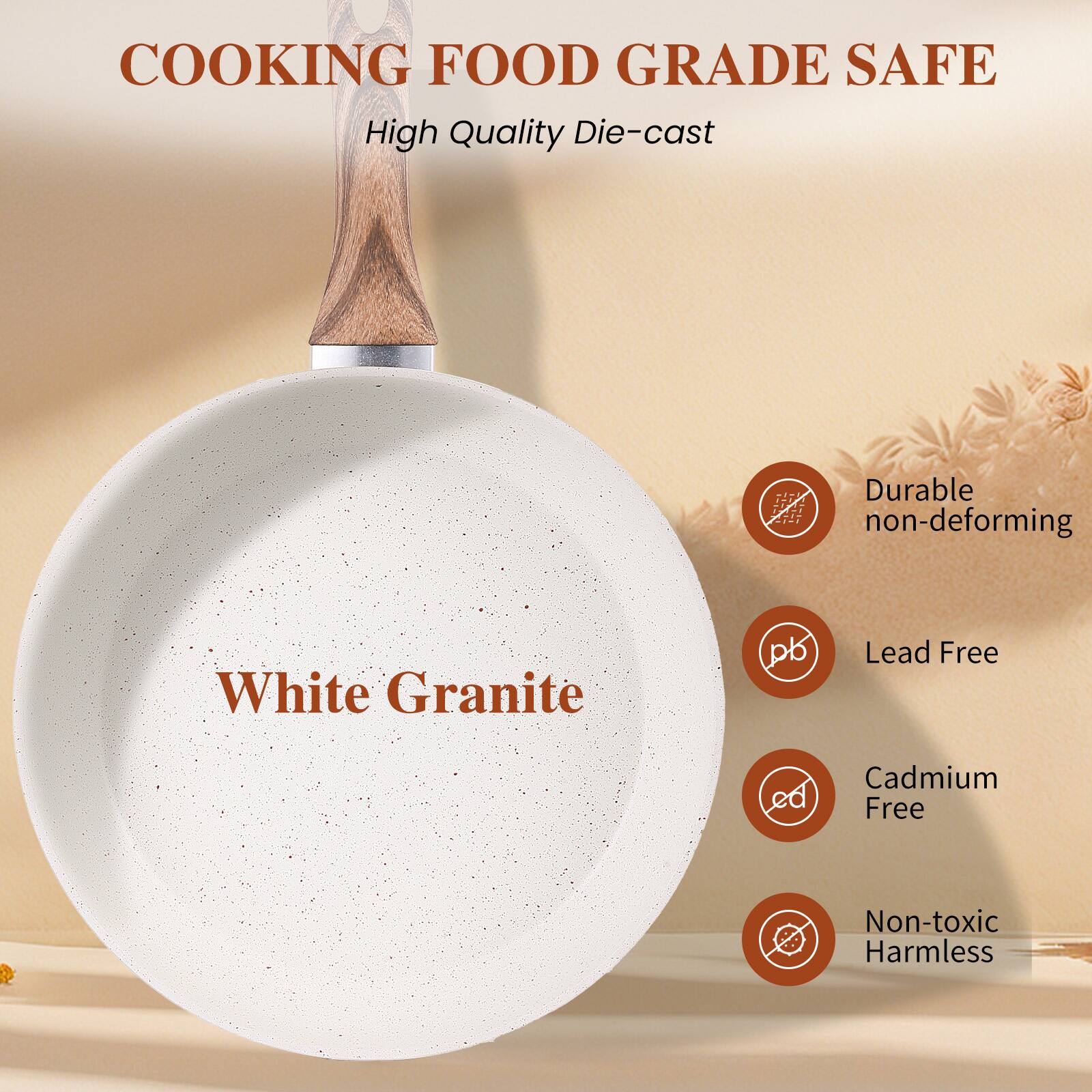 COOKING FOOD GRADE SAFE  
High Quality Die-cast  

White Granite  

- Durable non-deforming  
- Lead Free  
- Cadmium Free  
- Non-toxic Harmless
