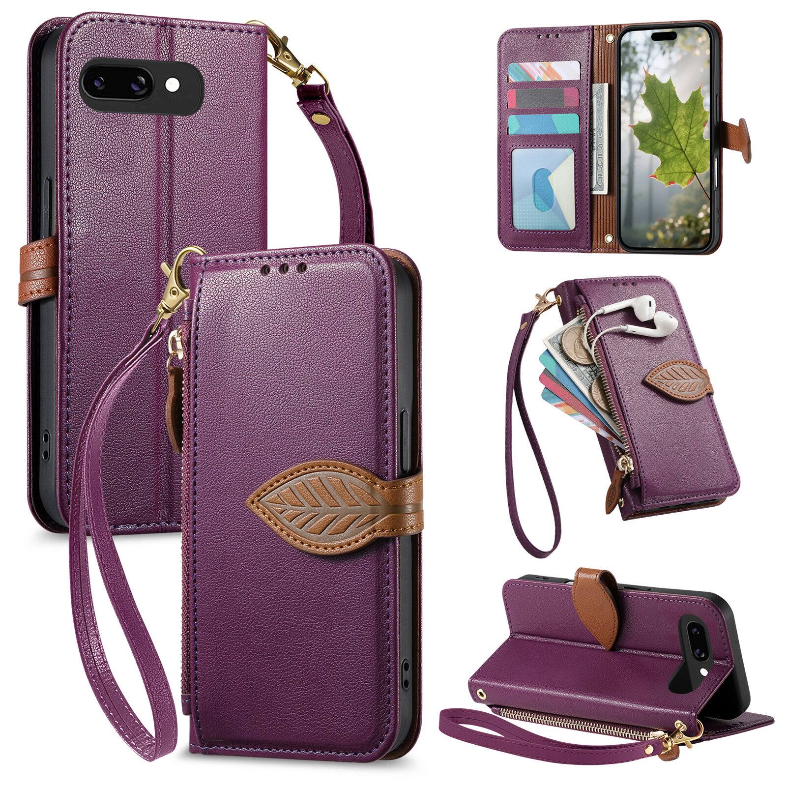 Front. Dteck - for Google Pixel 9A Wallet Case,PU Leather Flip Zipper Card Slot Leaf-Buckle Shockproof Cover with Wrist Strap - Purple.