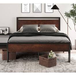 Hivvago - Queen Metal Platform Bed Frame with Mahogany Wood Panel Headboard Footboard - Brown