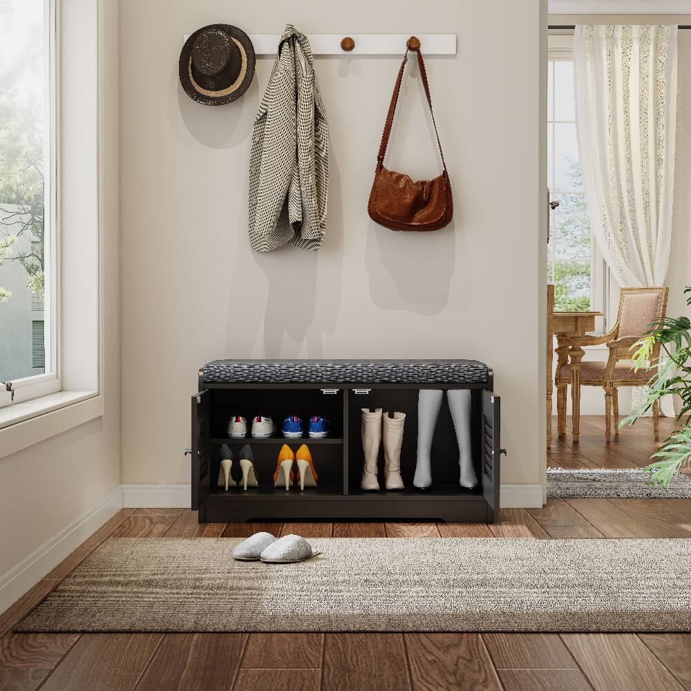 Angle. Loheer - Loheer black shoe storage bench, 28.74 inch entryway bench with cushion and louvered doors - Black.