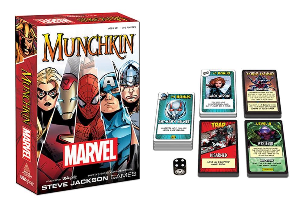 Munchkin Marvel  
Ages 10+  
3-6 Players  
Munchkin D  
Munchkin 1  
Bonus: Ant-Man's Helmet  
Level 8  
Marvel  
Usaopoly  
Steve Jackson Games  
Bonus: Black Widow  
Trap: Disarmed  
Level 8: Mysterio  
Spider Friends