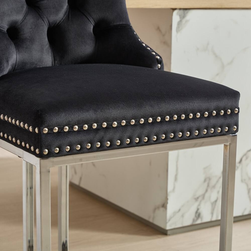 Alt View 10. Loheer - Loheer Counter Height Bar Stools Set of 2 Black Velvet Tufted Kitchen Island Chairs with Metal Legs - Black.