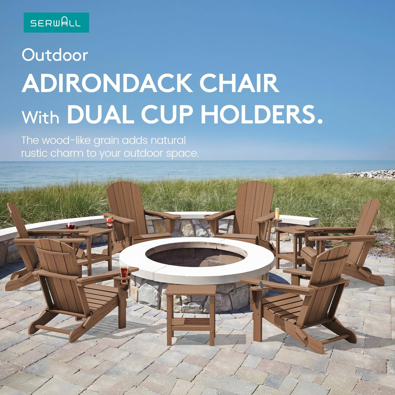 SERWALL Outdoor ADIRONDACK CHAIR With DUAL CUP HOLDERS. The wood-like grain adds natural rustic charm to your outdoor space.
