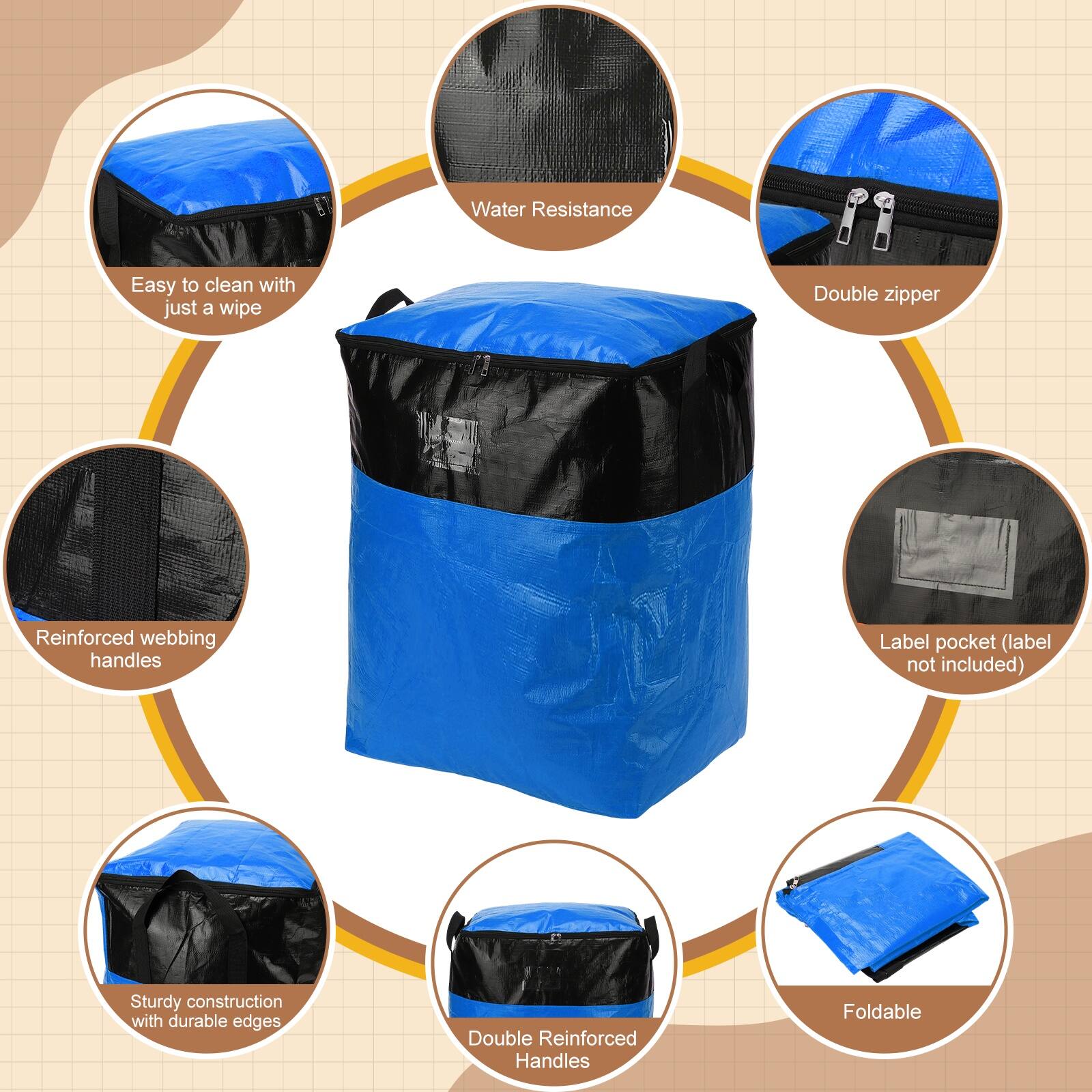 Water Resistance  
Easy to clean with just a wipe  
Double zipper  
Reinforced webbing handles  
Label pocket (label not included)  
Sturdy construction with durable edges  
Double Reinforced Handles  
Foldable