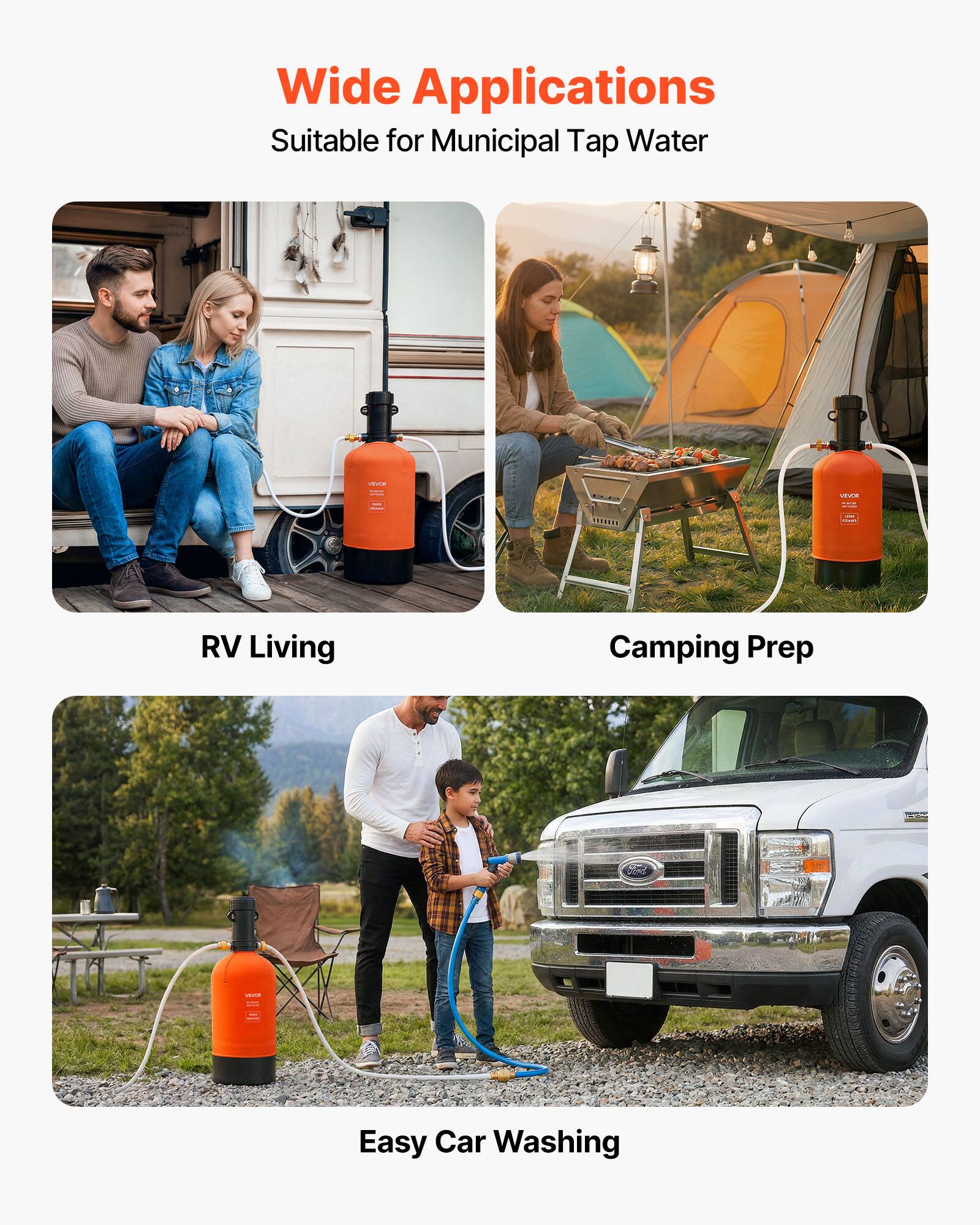 Wide Applications  
Suitable for Municipal Tap Water  

- RV Living  
- Camping Prep  
- Easy Car Washing