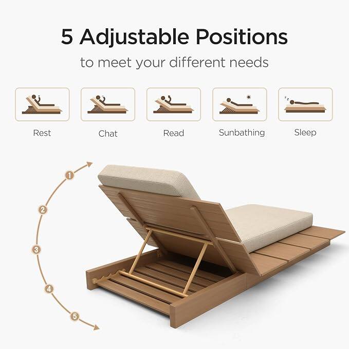 5 Adjustable Positions to meet your different needs

Rest
Chat
Read
Sunbathing
Sleep

1
2
3
4
5