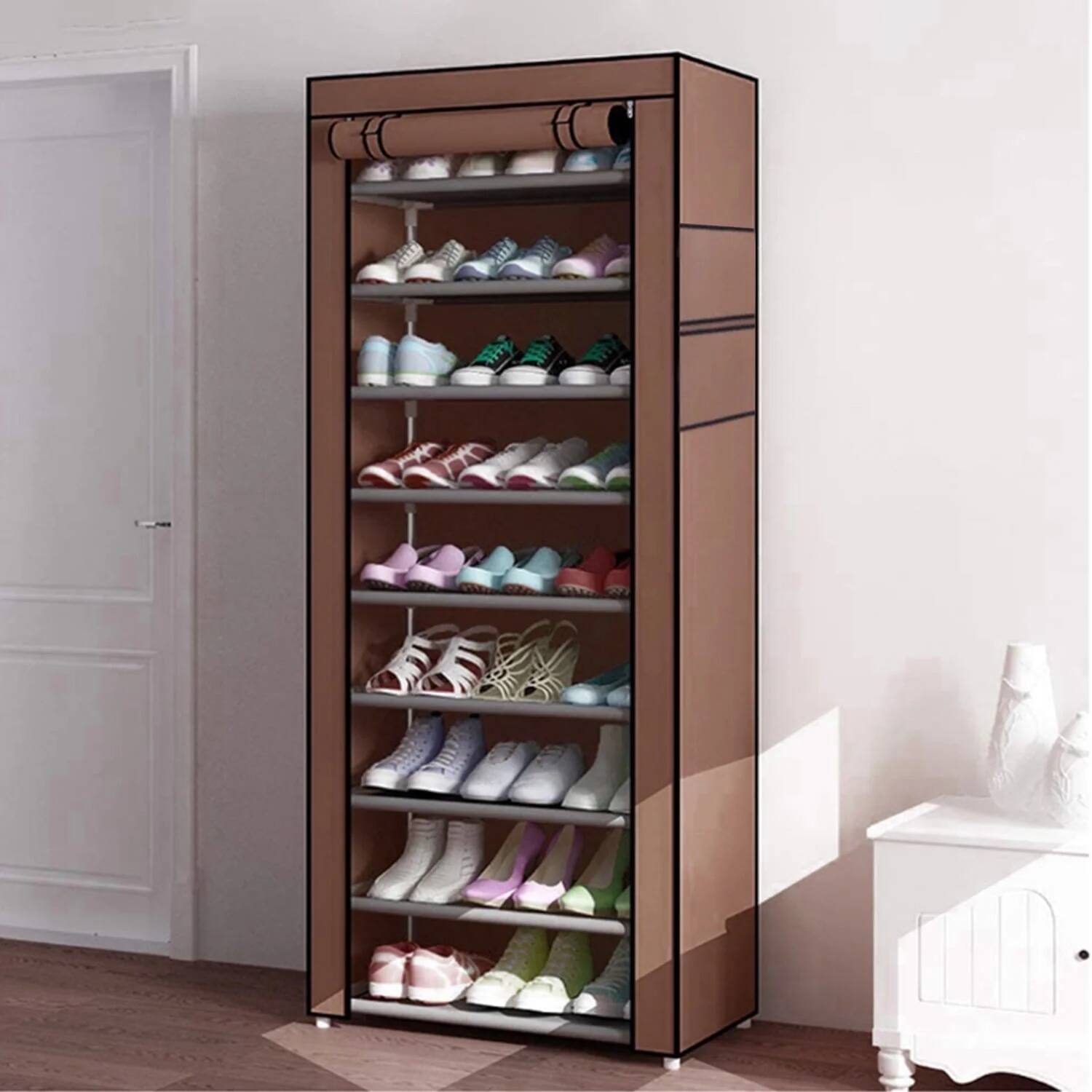Alt View 9. SKONYON - 9-Tier Shoe Rack with Dustproof Cover, Freestanding Storage Organizer for Closet or Entryway - Brown.