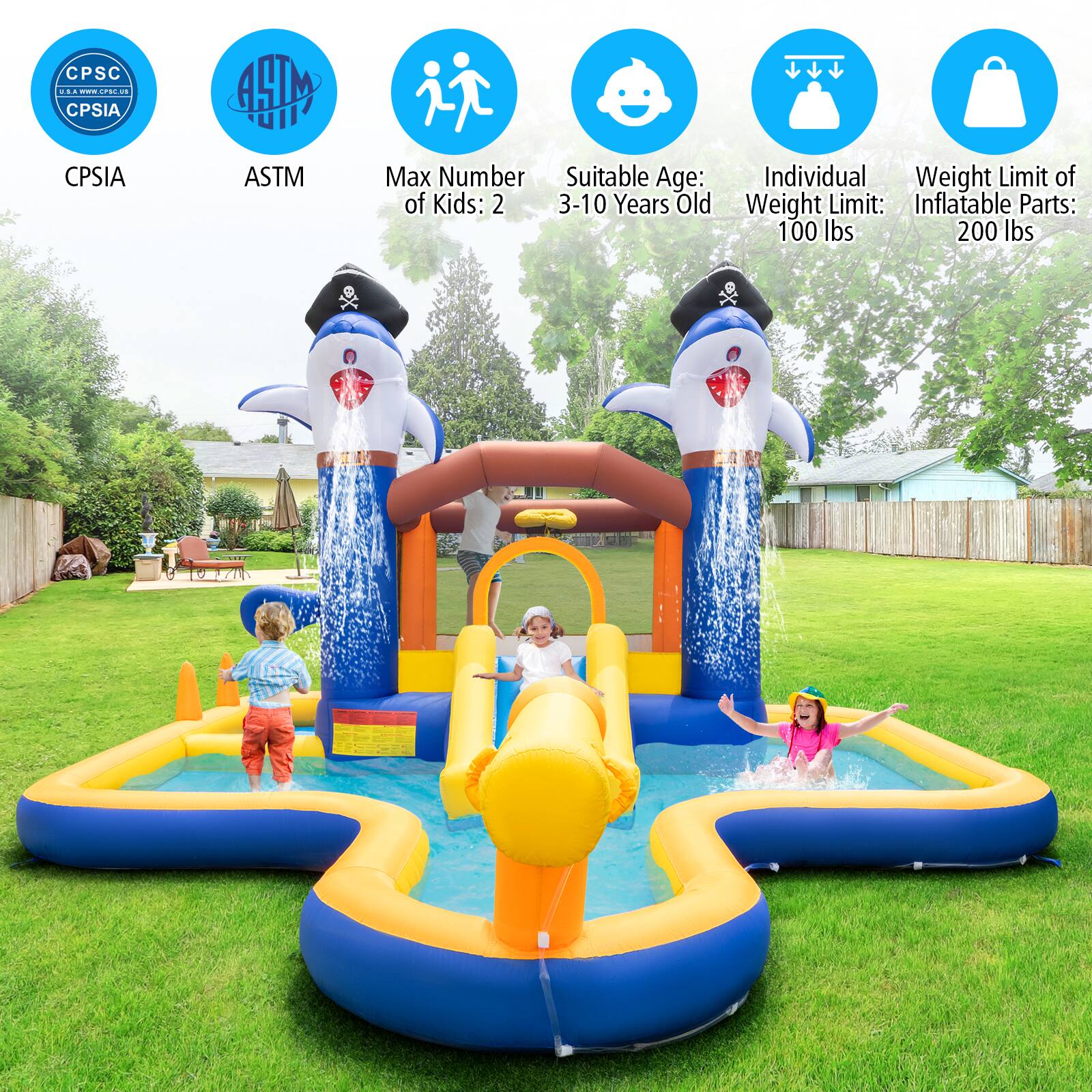 CPSC, CPSIA, ASTM

Max Number of Kids: 2

Suitable Age: 3-10 Years Old

Individual Weight Limit: 100 lbs

Inflatable Parts Weight Limit: 200 lbs