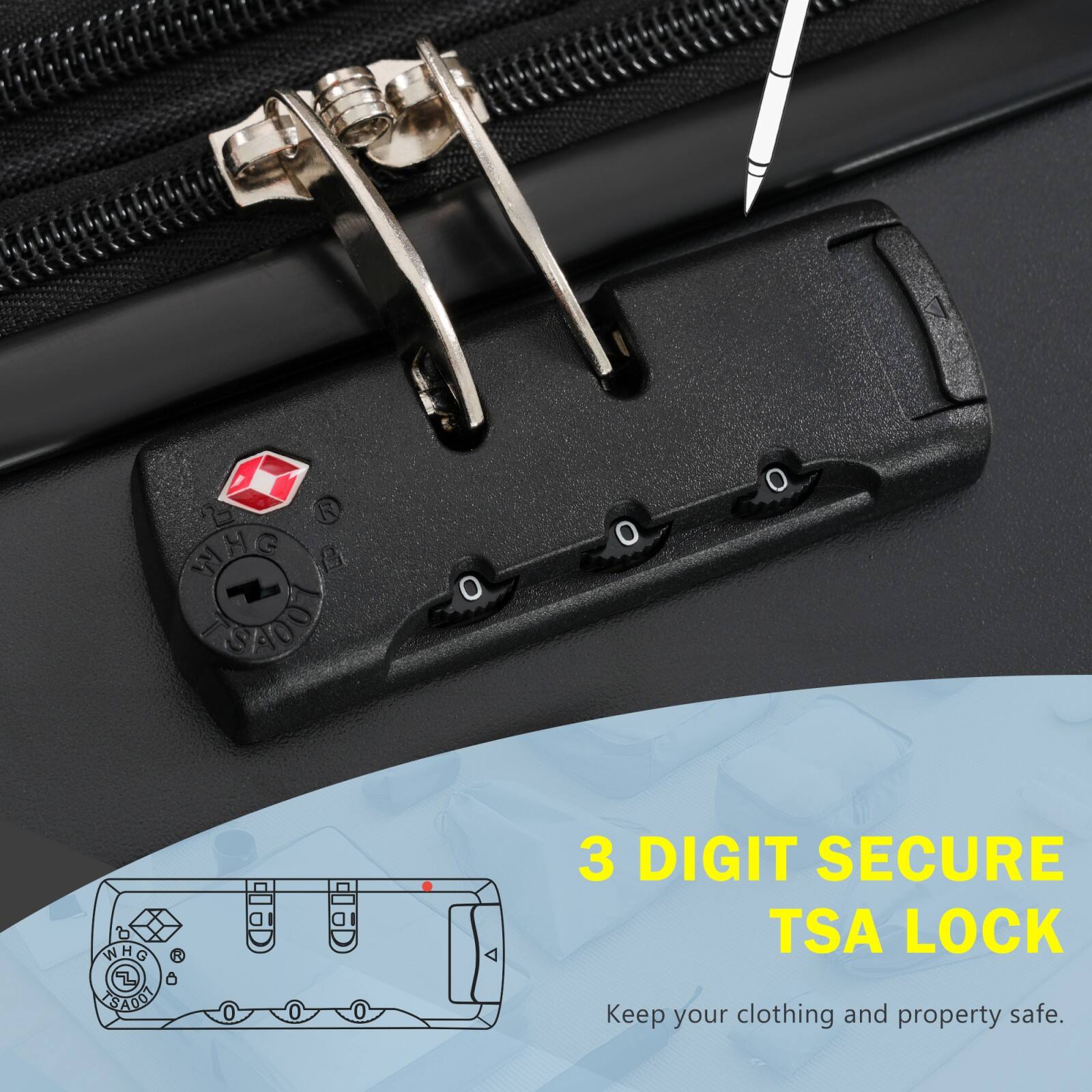 OK g $A0O o o O WHG Z SAOT 3 DIGIT SECURE TSA LOCK Keep your clothing and property safe.