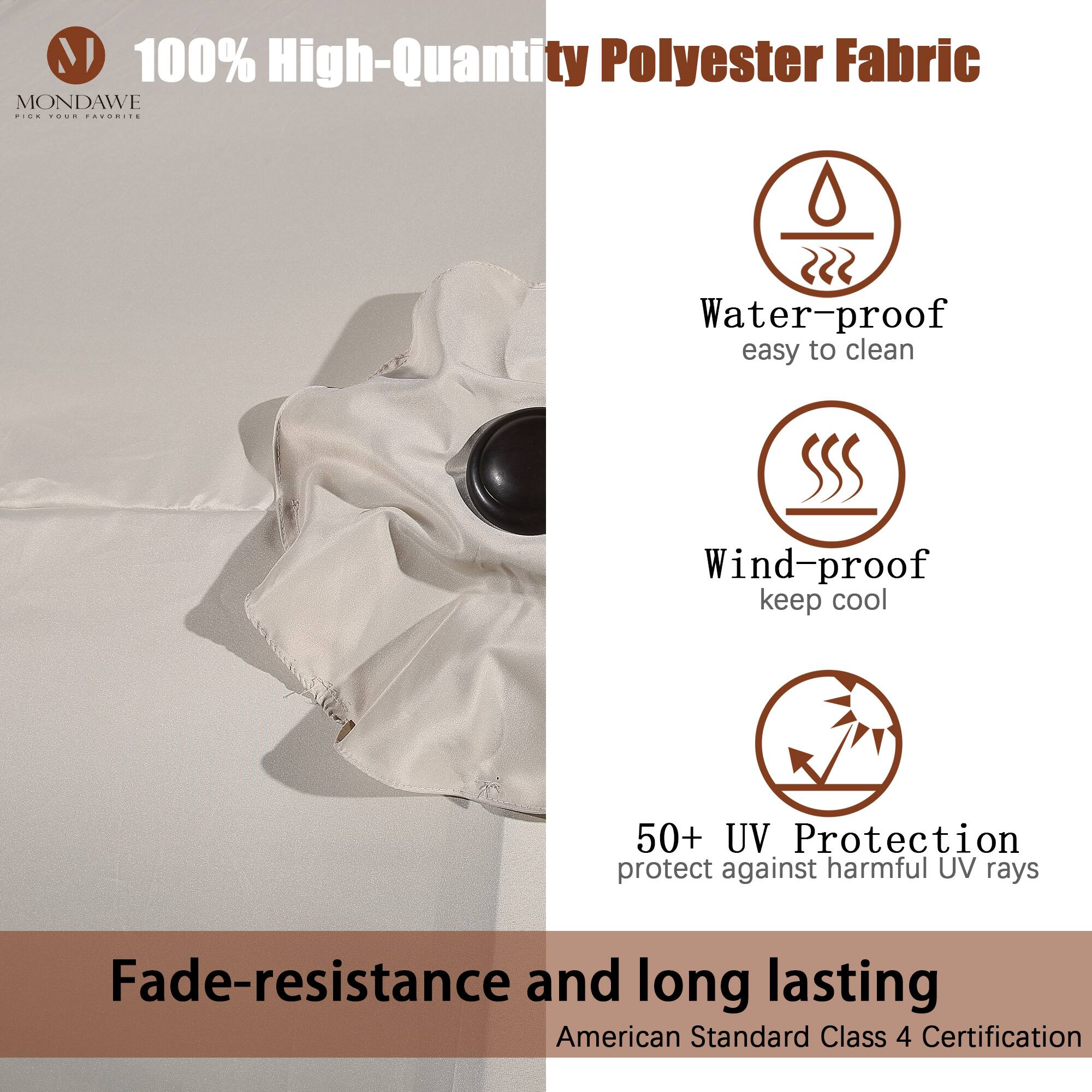 100% High-Quantity Polyester Fabric

- Water-proof
  - easy to clean

- Wind-proof
  - keep cool

- 50+ UV Protection
  - protect against harmful UV rays

Fade-resistance and long lasting

American Standard Class 4 Certification