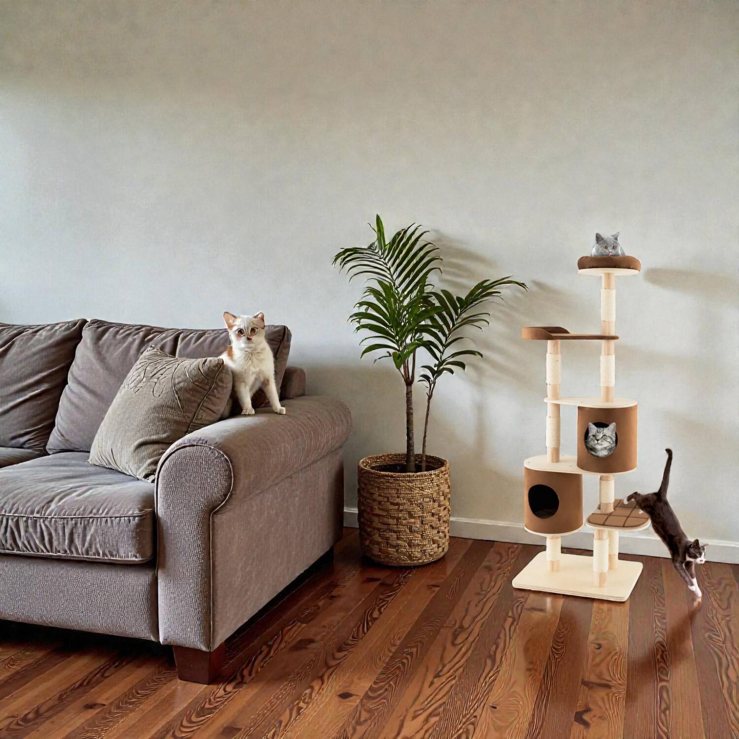 BreeBe - Wooden 6-Layer Cat Climbing Tower with Two Detachable Hideouts and Perch - Brown
