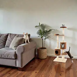 BreeBe - Wooden 6-Layer Cat Climbing Tower with Two Detachable Hideouts and Perch - Brown