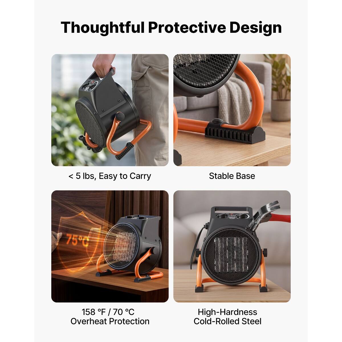 Thoughtful Protective Design

- < 5 lbs, Easy to Carry
- Stable Base
- 158 F / 70 C Overheat Protection
- High-Hardness Cold-Rolled Steel