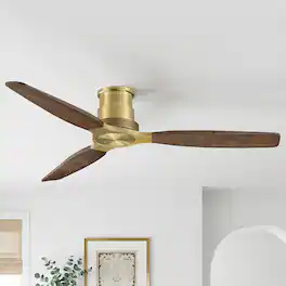 Parrot Uncle - 56" Mid Centry 3 Solid Wood Blades Flush Mount Lightweight Ceiling Fan with Remote, No Light - Vintage Brass