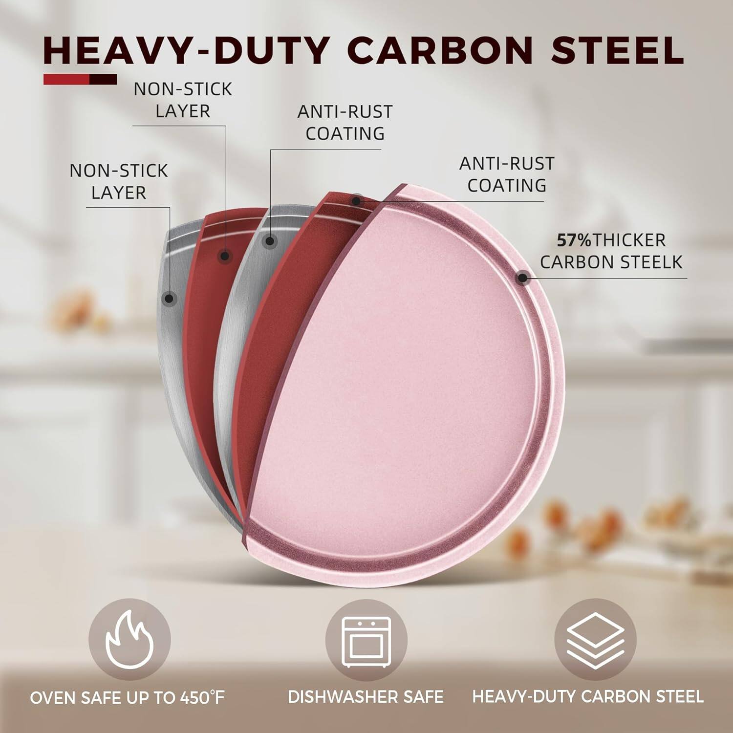 HEAVY-DUTY CARBON STEEL

- NON-STICK LAYER
- ANTI-RUST COATING
- 57% THICKER CARBON STEEL

- OVEN SAFE UP TO 450°F
- DISHWASHER SAFE
- HEAVY-DUTY CARBON STEEL