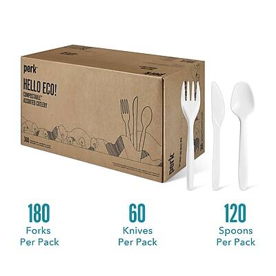 perk HELLO ECO! COMPOSTABLE ASORTED CUTLERY  
180 Forks Per Pack  
60 Knives Per Pack  
120 Spoons Per Pack