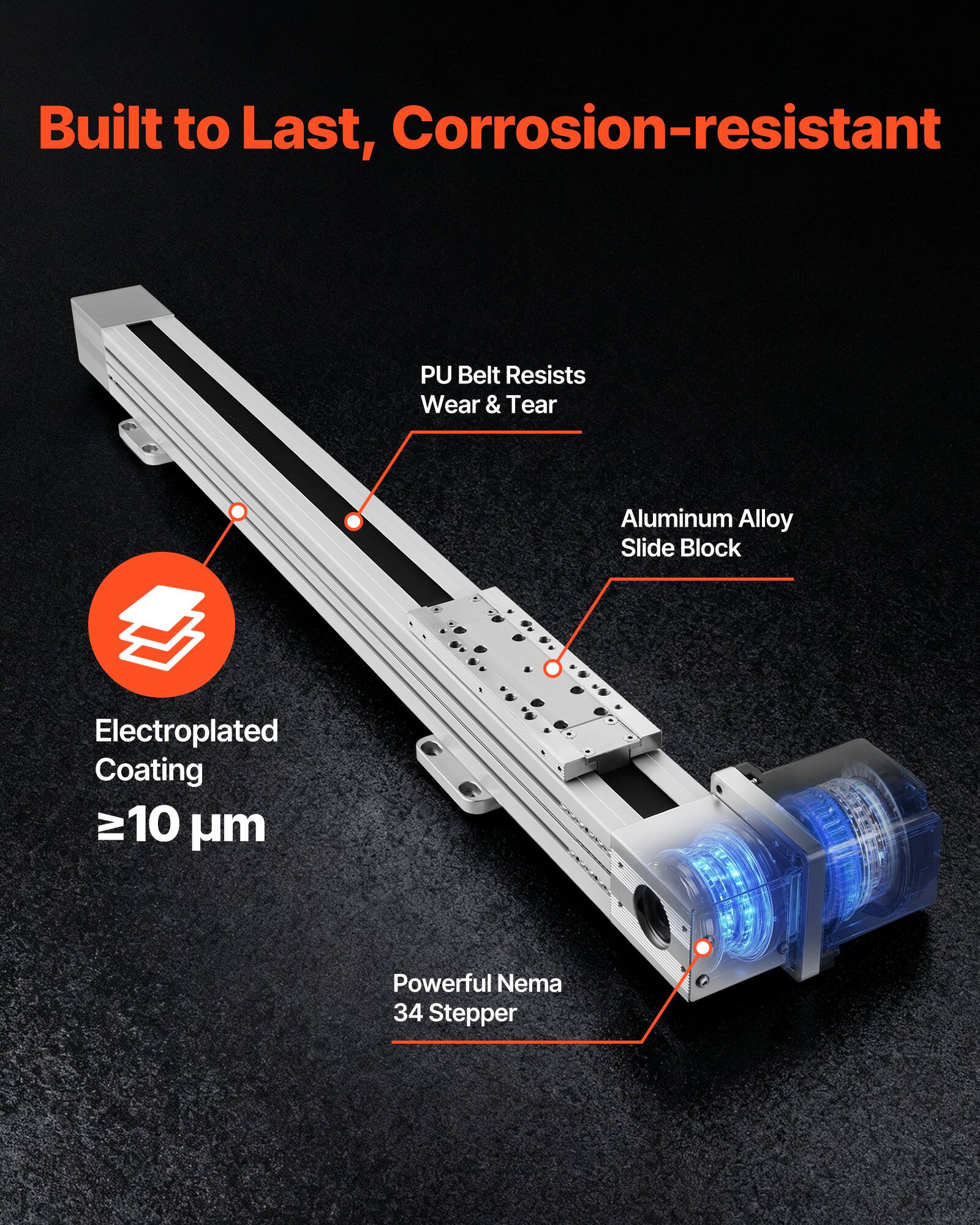 Built to Last, Corrosion-resistant

- PU Belt Resists Wear & Tear
- Aluminum Alloy Slide Block
- Electroplated Coating ≥10 µm
- Powerful Nema 34 Stepper