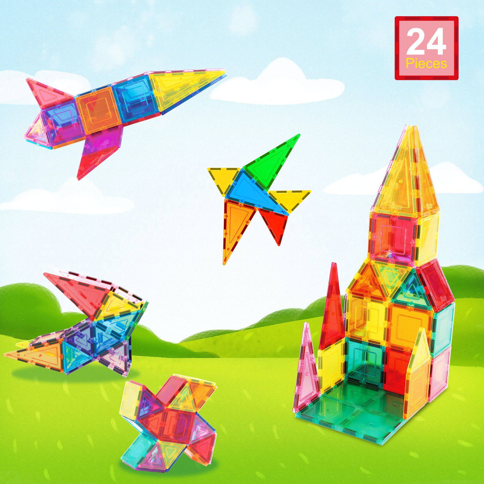 Alt View 5. PicassoTiles - PicassoTiles 24 PC Magnetic Tiles, Magnetic Building Blocks for Kids, Magnet for Kids 3+.