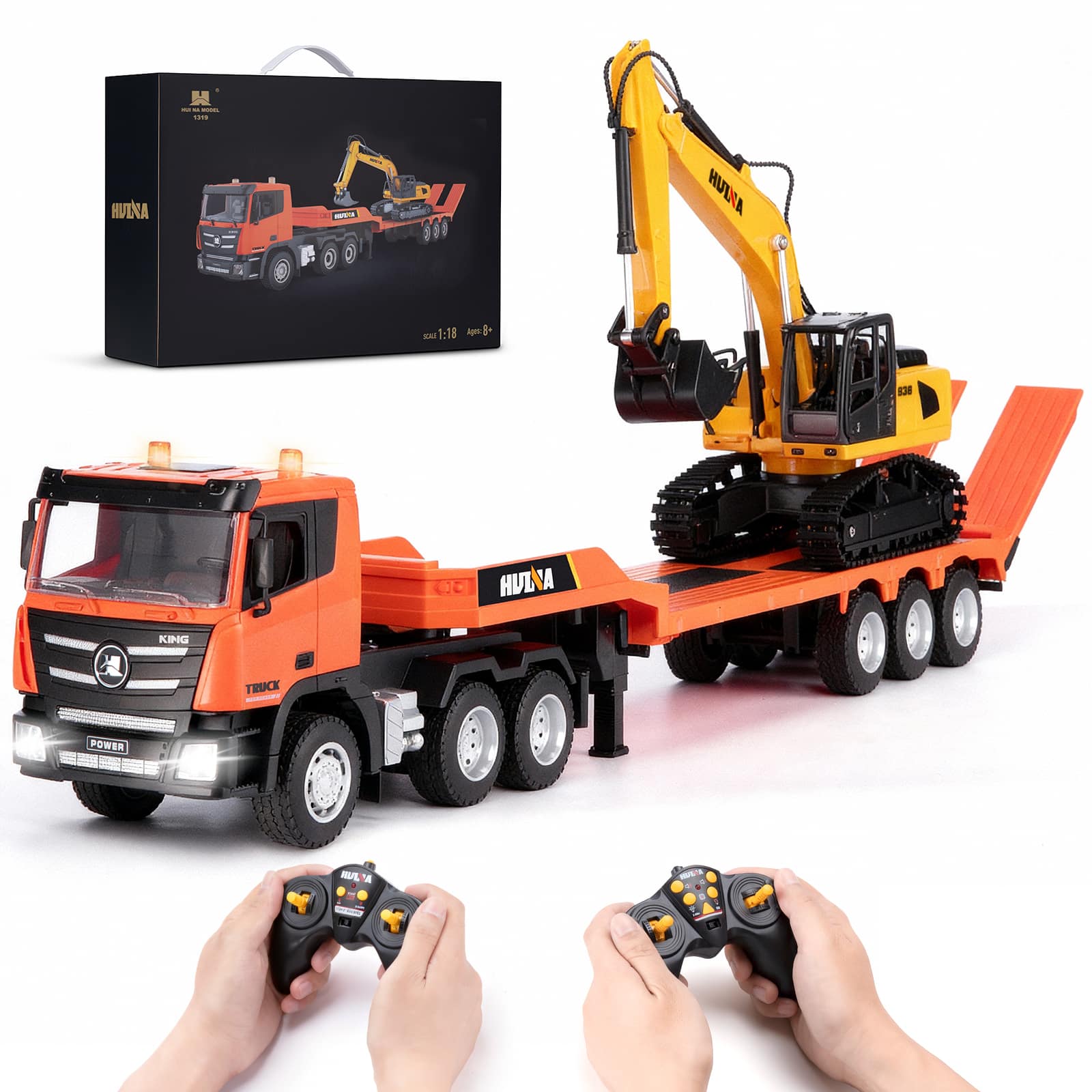 Sugift - 1:24 RC Semi Truck & Excavator Toy Set, Remote Control Construction Vehicles with Lights & Sound