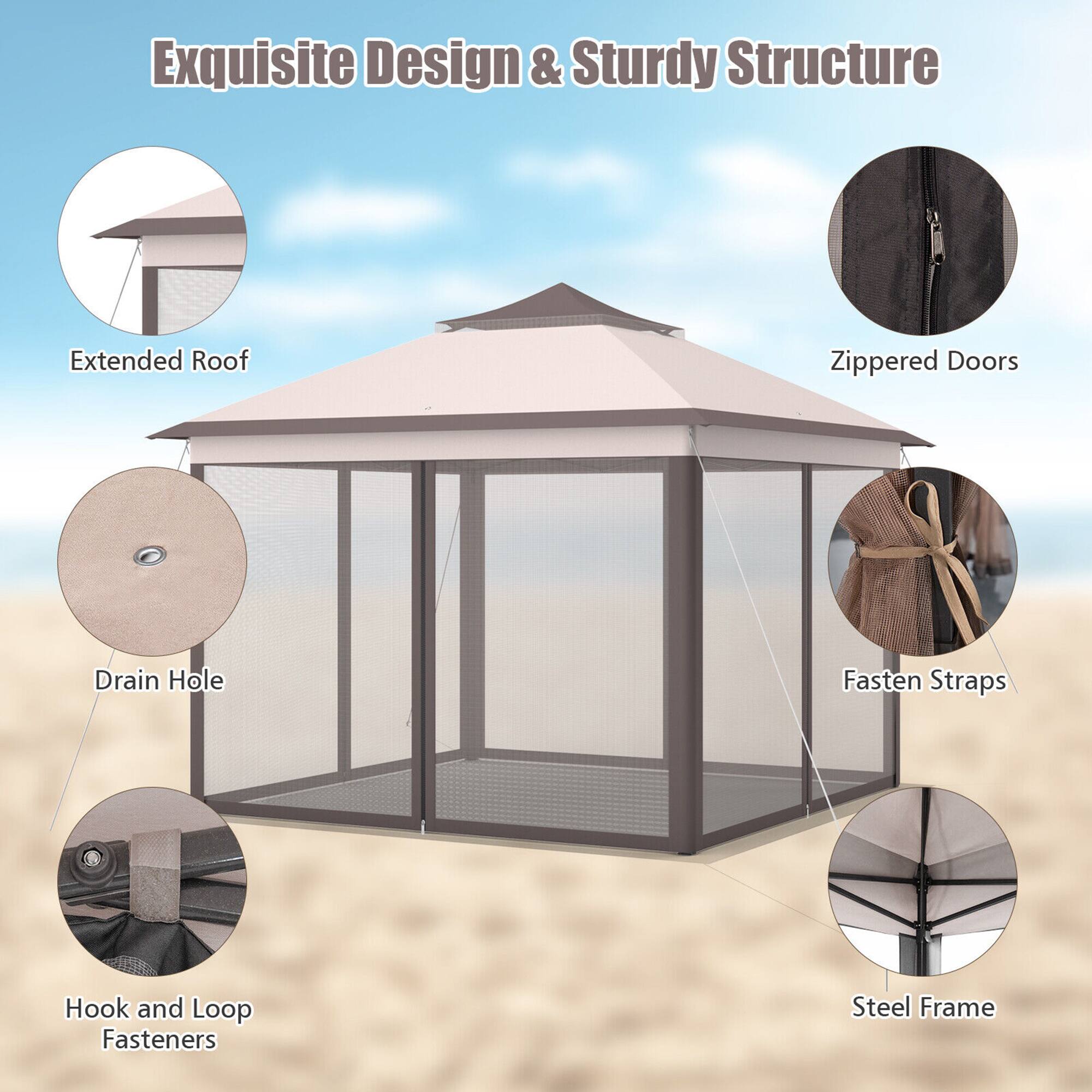 Exquisite Design & Sturdy Structure

- Extended Roof
- Zippered Doors
- Drain Hole
- Fasten Straps
- Hook and Loop Fasteners
- Steel Frame