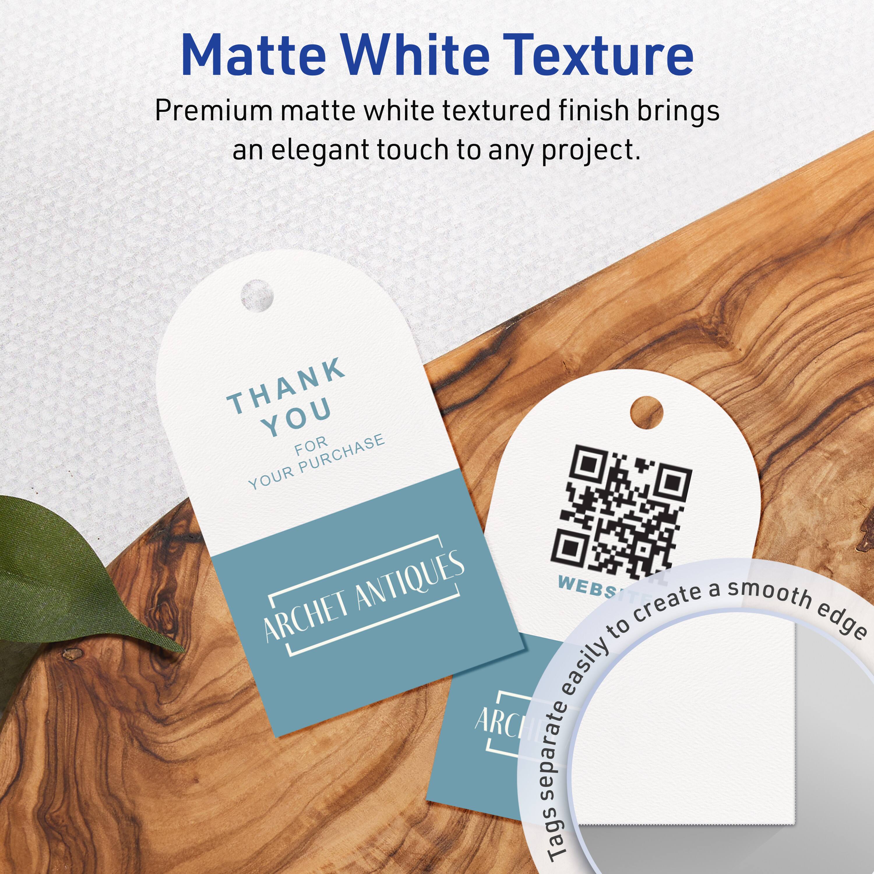 Matte White Texture  
Premium matte white textured finish brings an elegant touch to any project.

THANK YOU  
FOR YOUR PURCHASE  
ARCHET ANTIQUES

WEBSITES  
create a smooth edge easily  
Tags separate easily
