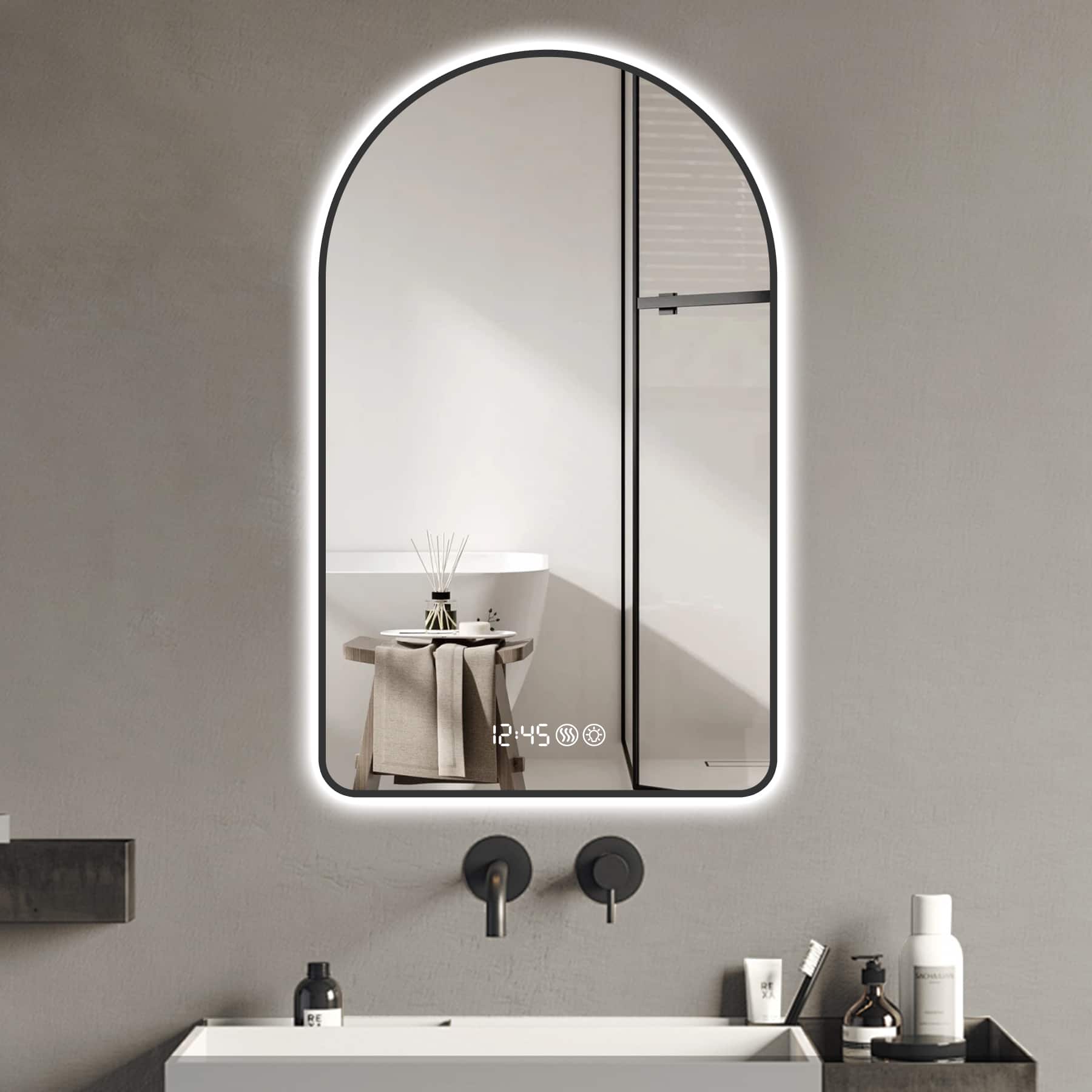 Boyel Living - 32 by 60 Inch Arched LED Mirror for Bathroom with Time and Temperature Display Black Frame