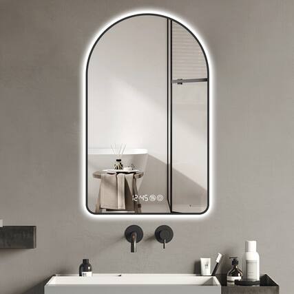 Front. Boyel Living - 28 by 48 Inch Arched LED Mirror for Bathroom with Time and Temperature Display Black Frame.