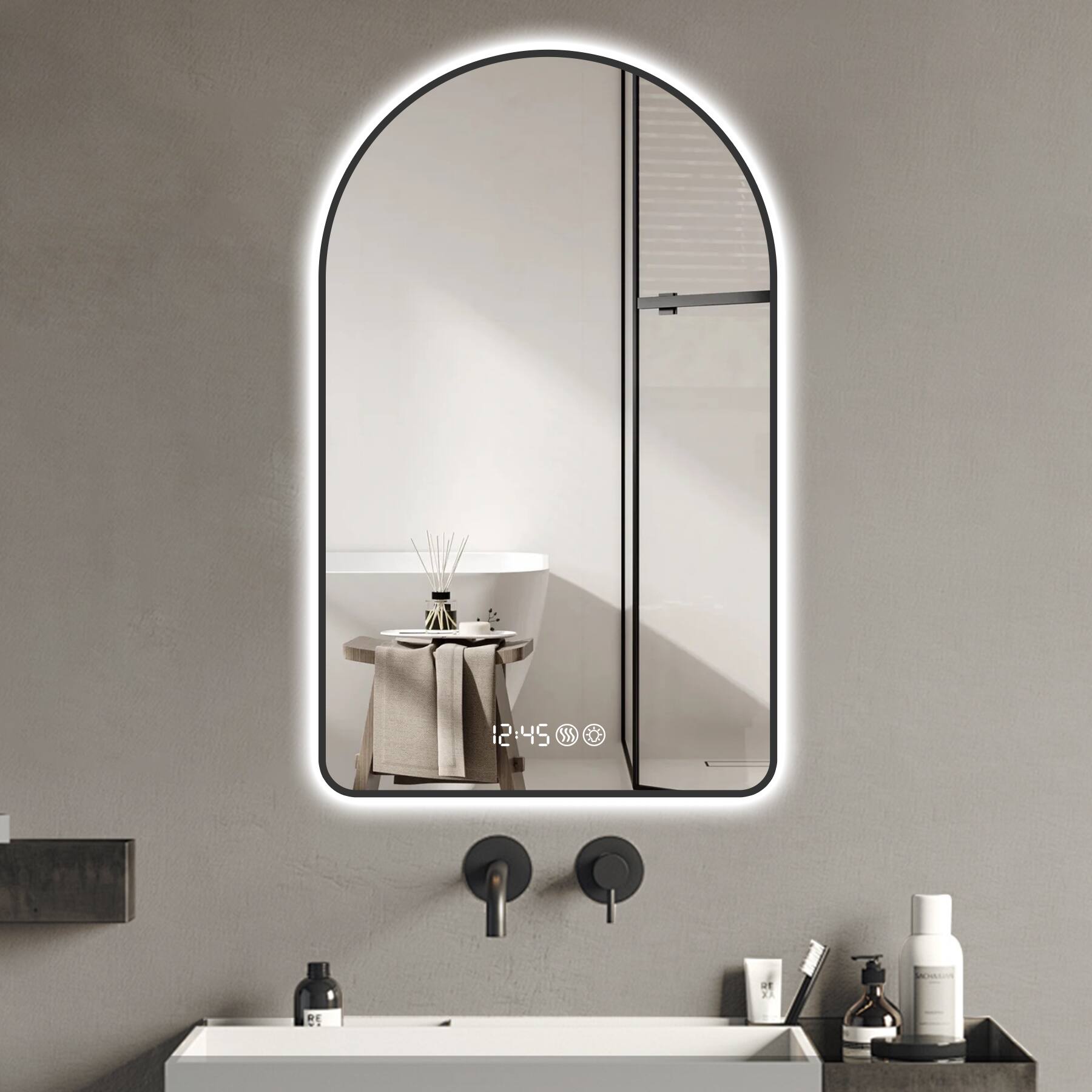 Front. Boyel Living - 28 by 48 Inch Arched LED Mirror for Bathroom with Time and Temperature Display Black Frame.