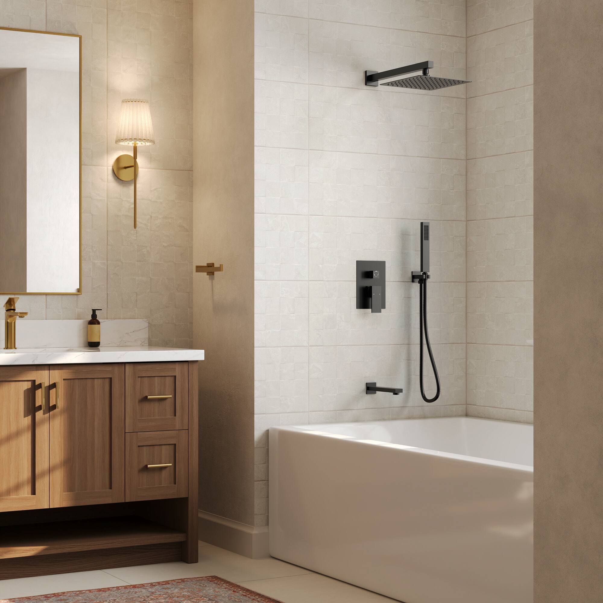 Left. GRANDJOY - Wall Mounted 3‑Function Shower System Set with 10" Rain Shower Head, Handheld Shower and Diverter Tub Spout - Matte Black.