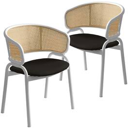 LeisureMod - Ervilla 2-PCS Contemporary Leather Dining Chair - Ergonomic Rattan Back Kitchen Armchair with White Stainless Steel Legs - Black