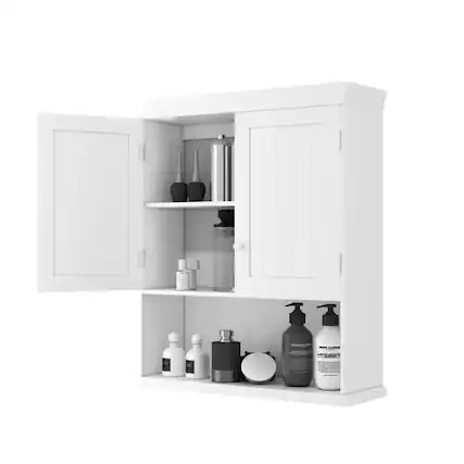 Front. Hivvago - Bathroom Wall Mount Medicine Cabinet with Open Storage Shelf in White - White.