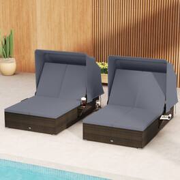 Mondawe - 87" Patio Double Chaise Lounge w Shade Canopy & Folding Side Trays 800 lbs for 2 - Gray
