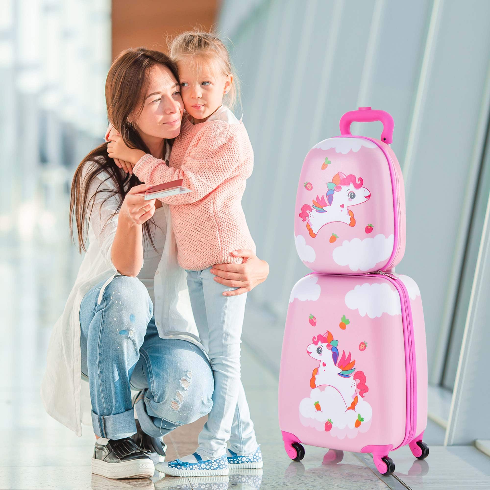 Alt View 11. Costway - 2PC Kids Carry On Luggage Set 12'' Backpack and 16'' Rolling Suitcase for Travel - Pink/White.