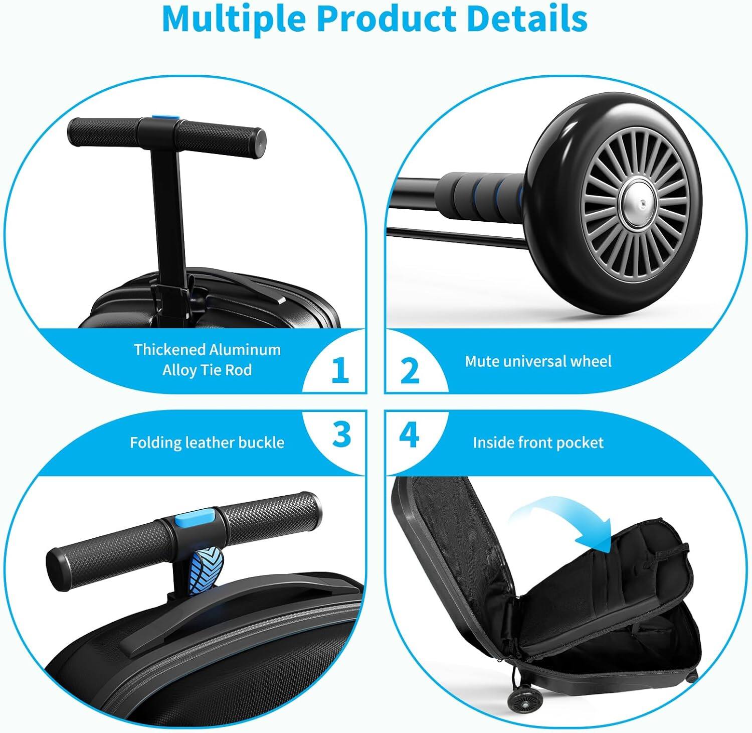 Multiple Product Details

1. Thickened Aluminum Alloy Tie Rod
2. Mute universal wheel
3. Folding leather buckle
4. Inside front pocket