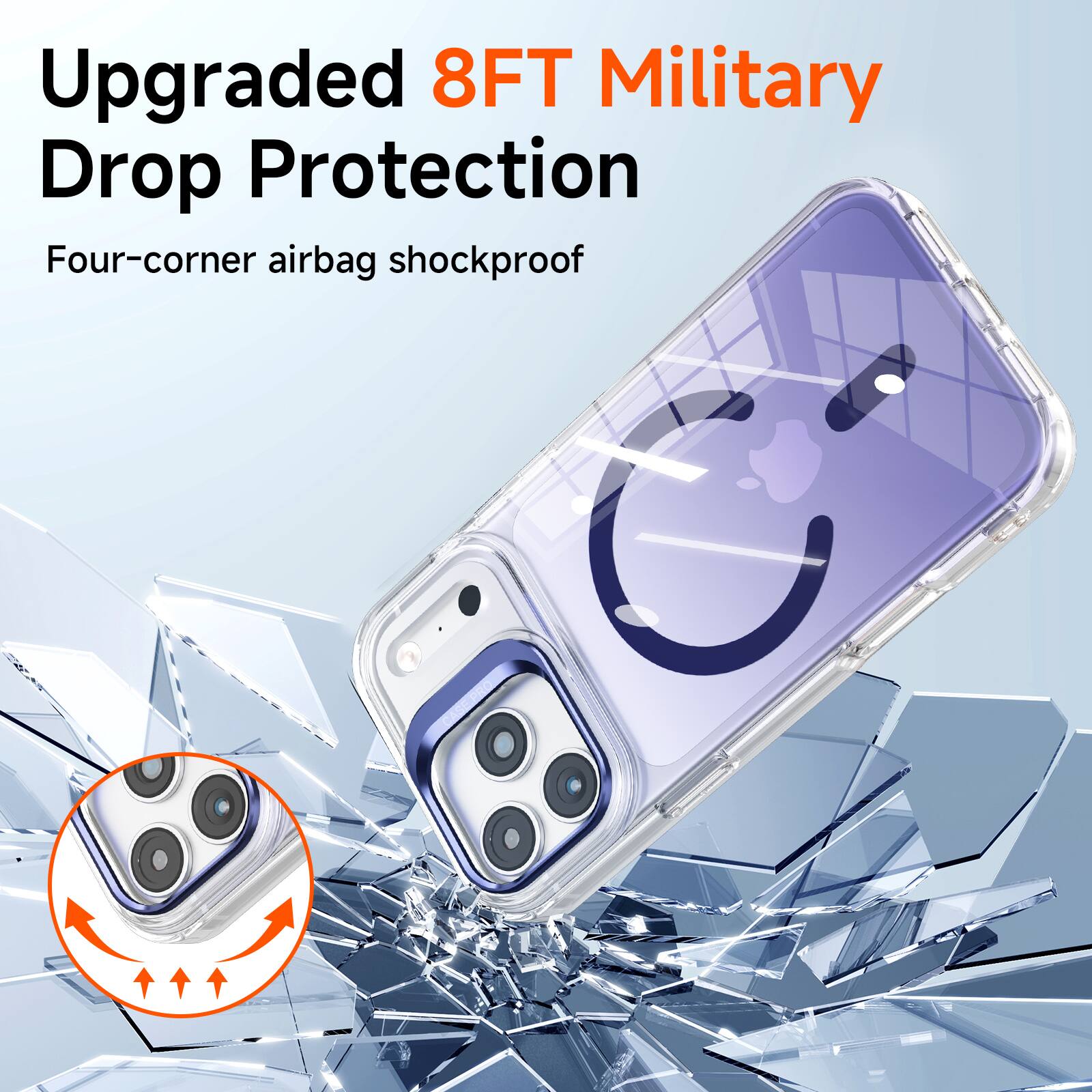 Upgraded 8FT Military Drop Protection  
Four-corner airbag shockproof