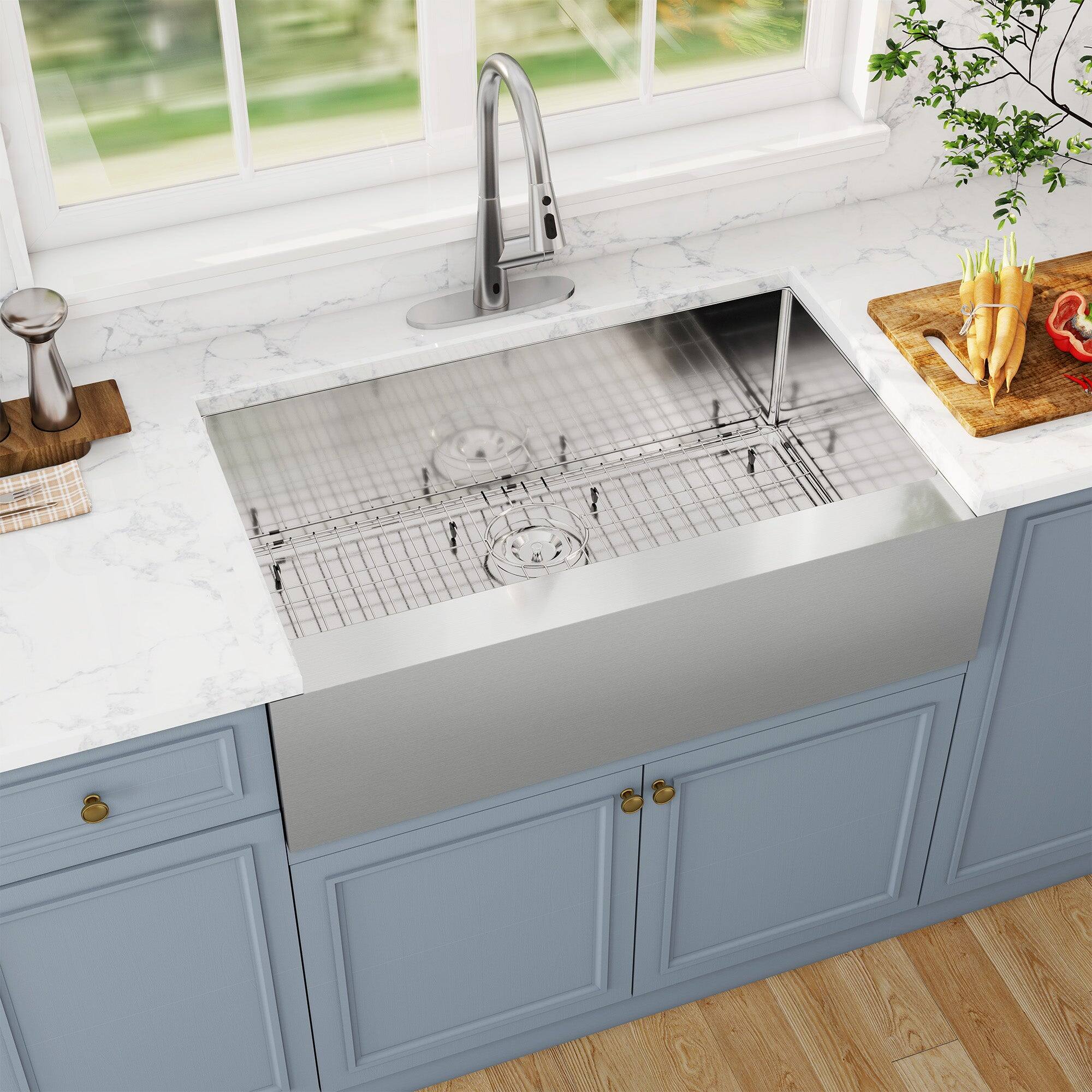 Alt View 4. Boyel Living - 36 in. Farmhouse Apron-Front Single Bowl 18-Gauge Silver Stainless Steel Kitchen Sink with Bottom Grid, Strainer Basket - Silver.