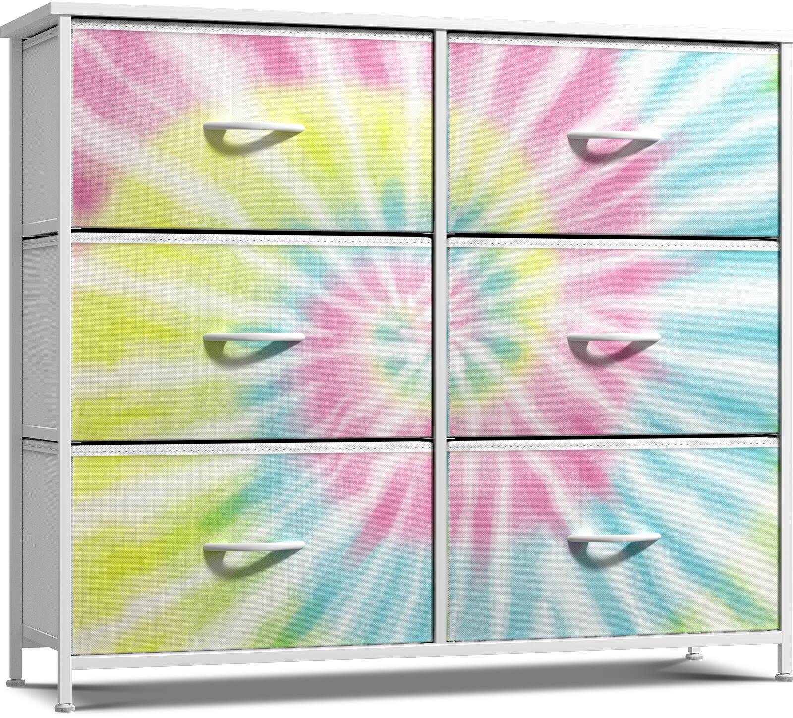 Sorbus - Dresser with 6 Drawers, Furniture Storage Tower Unit for Bedroom, Hallway, Closet Wood Top Fabric Drawers Chest - Tie-Dye Pink Yellow Blue