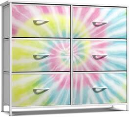Sorbus - Dresser with 6 Drawers, Furniture Storage Tower Unit for Bedroom, Hallway, Closet Wood Top Fabric Drawers Chest - Tie-Dye Pink Yellow Blue
