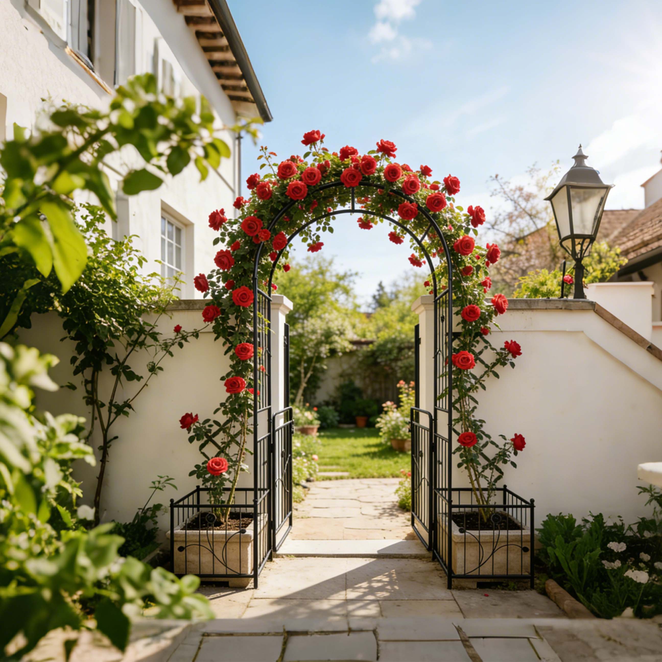 Alt View 1. Loheer - Metal Garden Arch with Gate for Climbing Plants Outdoor Rose Arch Trellis - Black.