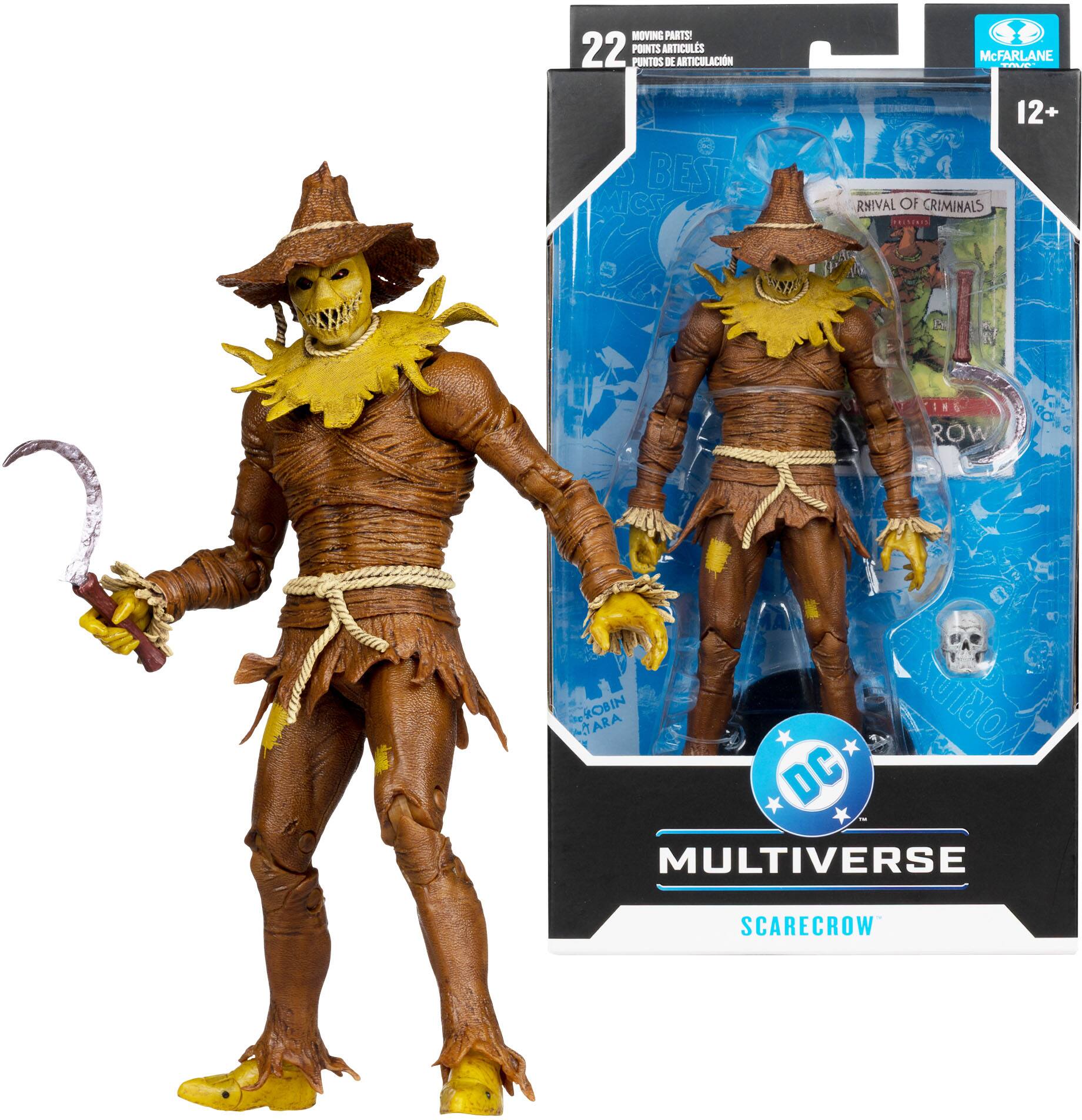 Sure, here is the corrected and grouped text from the image:
---
**McFarlane**
**22 MOVING PARTS / 22 POINTS ARTICULES / 22 PUNTOS DE ARTICULACIÓN**
**12+**
**DC MULTIVERSE**
**SCARECROW**
**RIVAL OF CRIMINALS**
**THE BEST OF THE BEST**
**ROW**
**TARA WORLDS**
**ROBIN MARA**
**DC**
---
This text is organized based on the visible elements in the image.