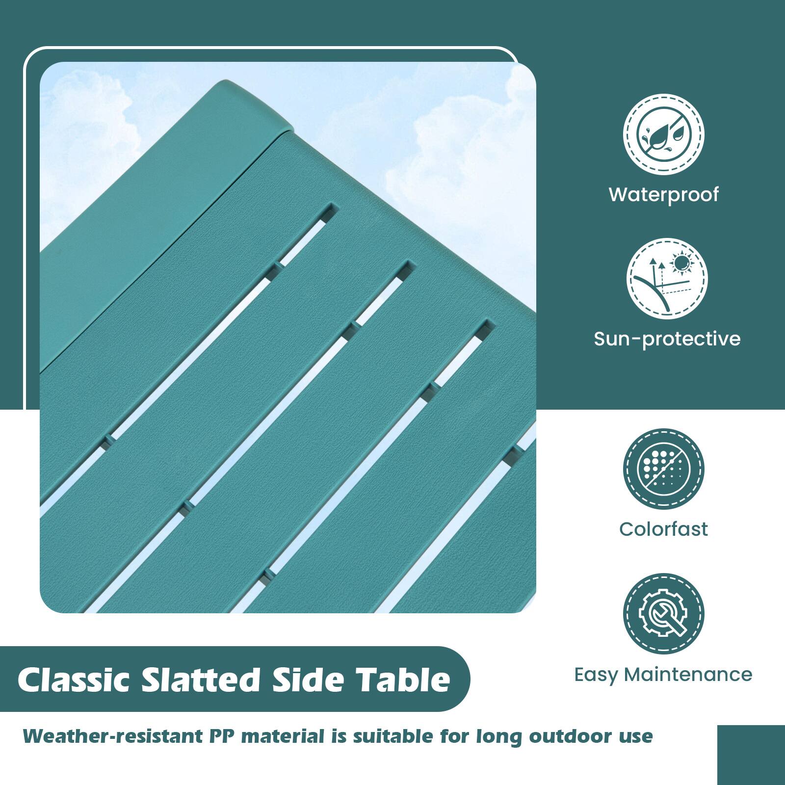 Waterproof Sun-protective Colorfast Classic Slatted Side Table Easy Maintenance Weather-resistant PP material is suitable for long outdoor use.